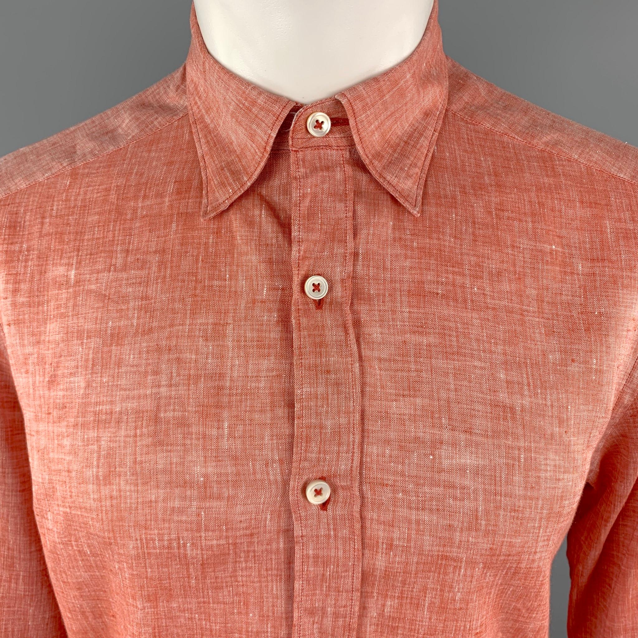 ERMENEGILDO ZEGNA Long Sleeve Shirt comes in an orange tone in a solid linen material, with a spread collar, buttoned cuffs, button down. 

Excellent Pre-Owned Condition.
Marked: S

Measurements:

Shoulder: 16.5 in. 
Chest: 40 in. 
Sleeve: 25.5 in.