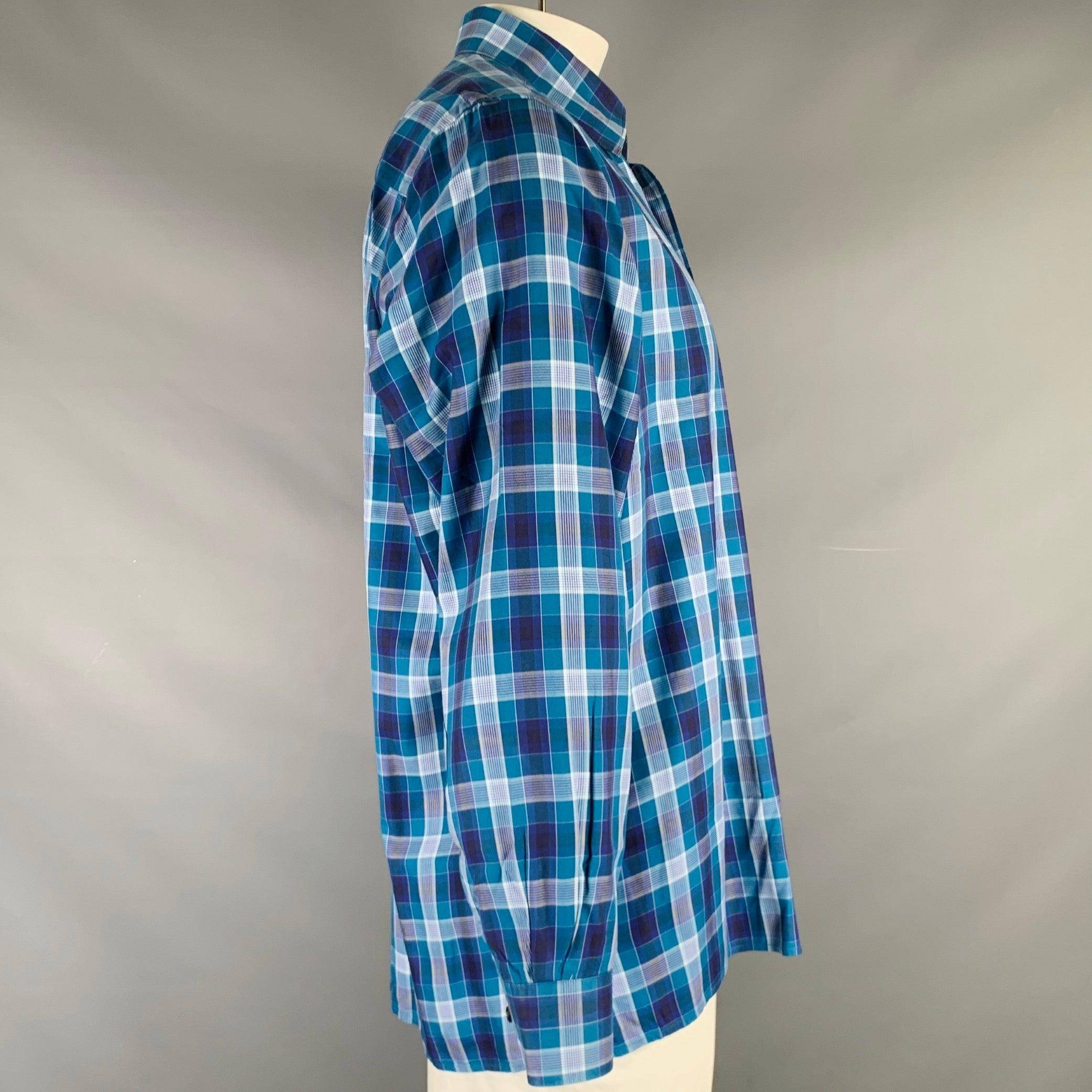 ERMENEGILDO ZEGNA
long sleeve shirt in a blue cotton woven fabric featuring a plaid pattern, hidden button down collar, and button closure. Made in Italy.Excellent Pre-Owned Condition. 

Marked:   XL 

Measurements: 
 
Shoulder: 17.5 inches Chest: