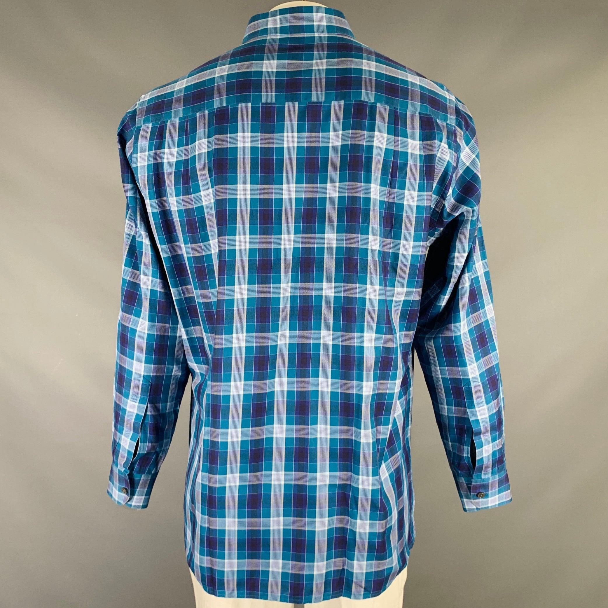 ERMENEGILDO ZEGNA Size XL Blue Plaid Cotton Button Up Long Sleeve Shirt In Excellent Condition For Sale In San Francisco, CA