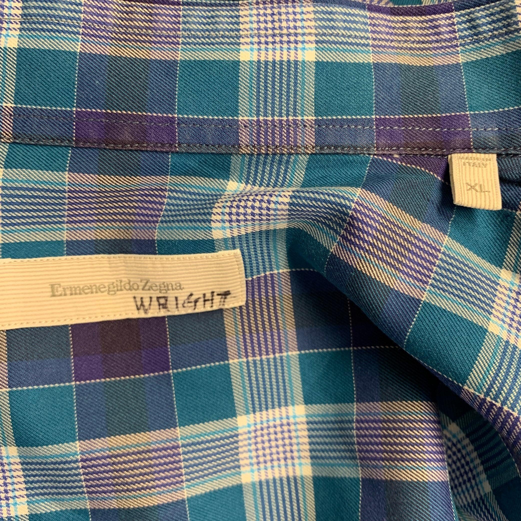 Men's ERMENEGILDO ZEGNA Size XL Blue Plaid Cotton Button Up Long Sleeve Shirt For Sale