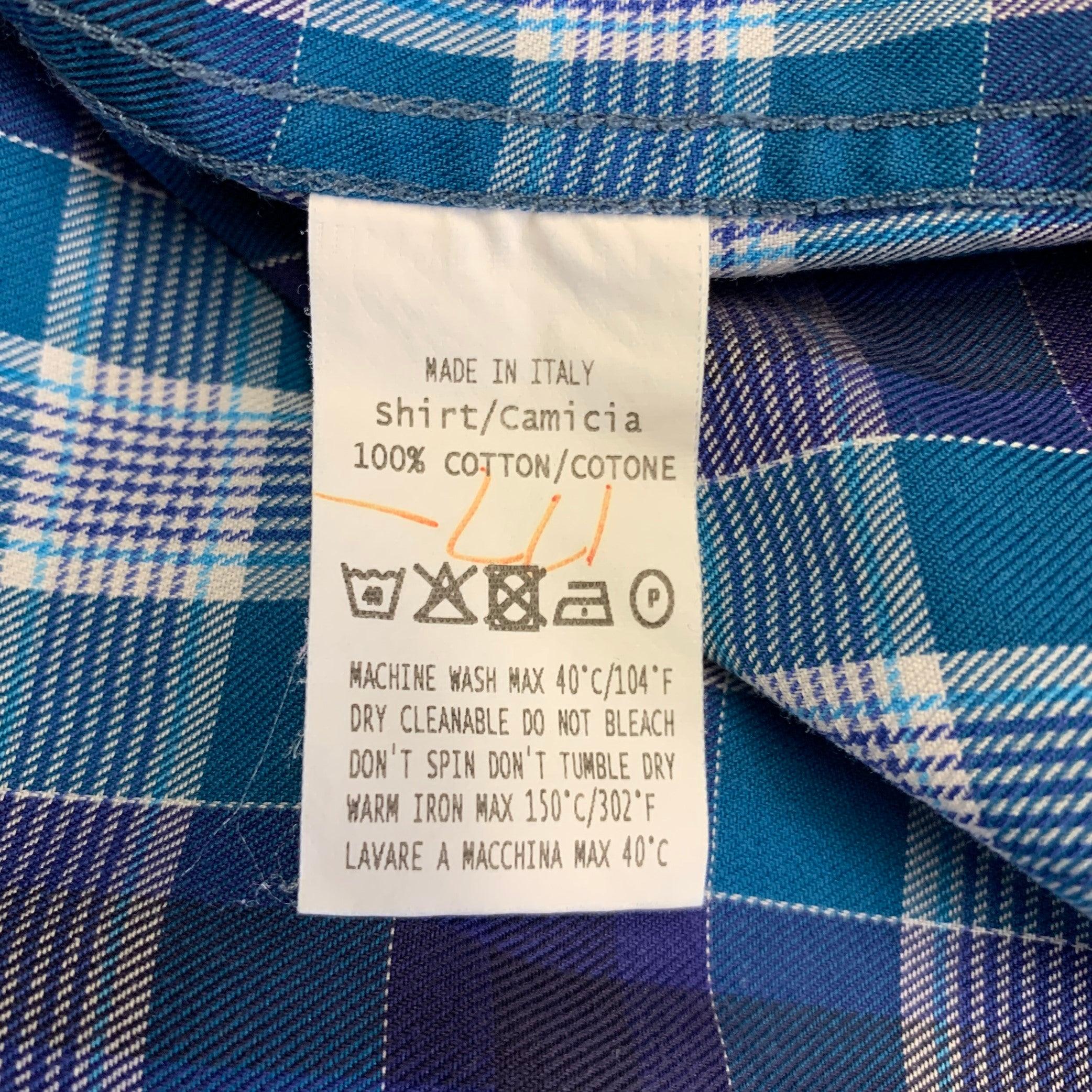 ERMENEGILDO ZEGNA Size XL Blue Plaid Cotton Button Up Long Sleeve Shirt For Sale 1