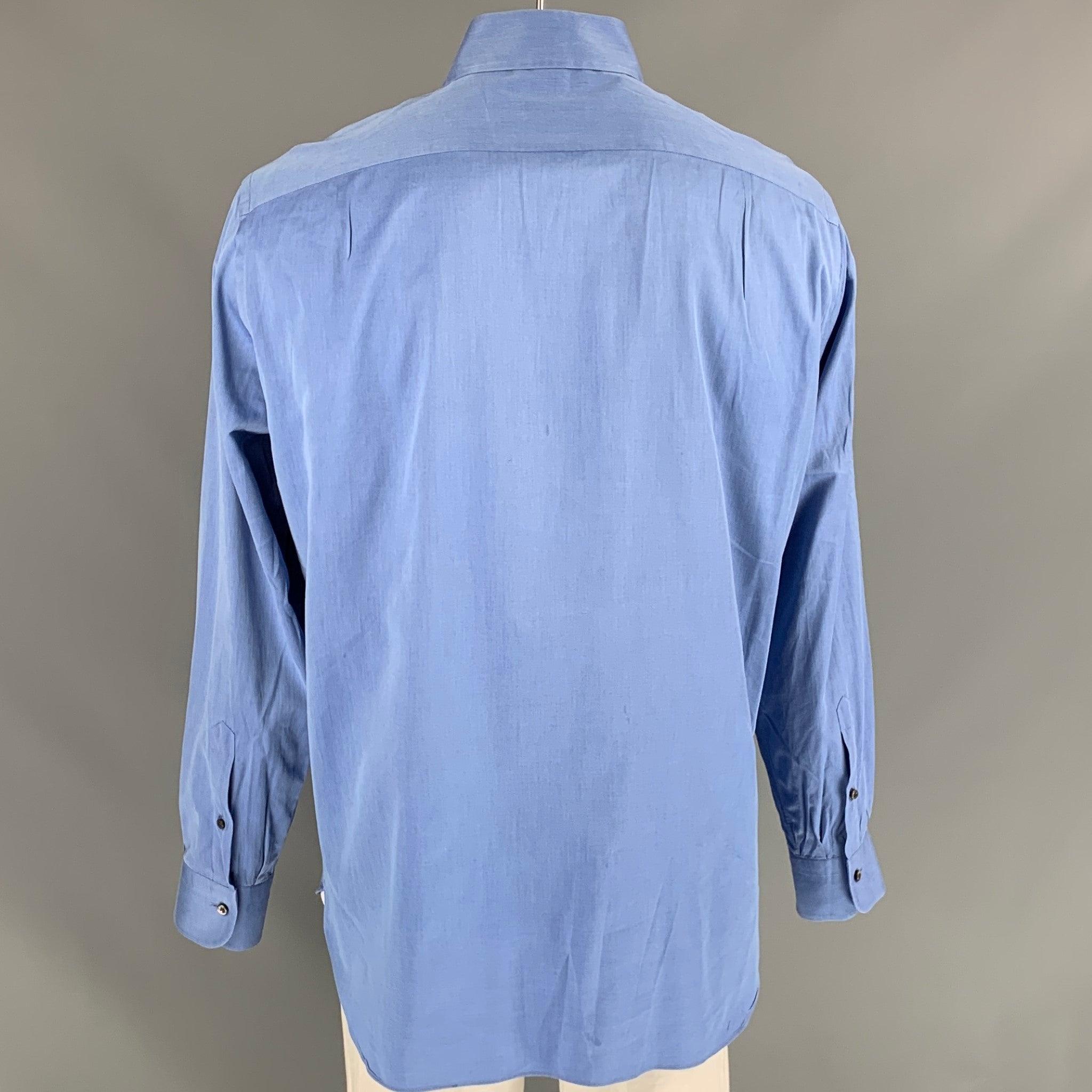 ERMENEGILDO ZEGNA Size XL Blue Solid Cotton Button Down Long Sleeve Shirt In Good Condition For Sale In San Francisco, CA