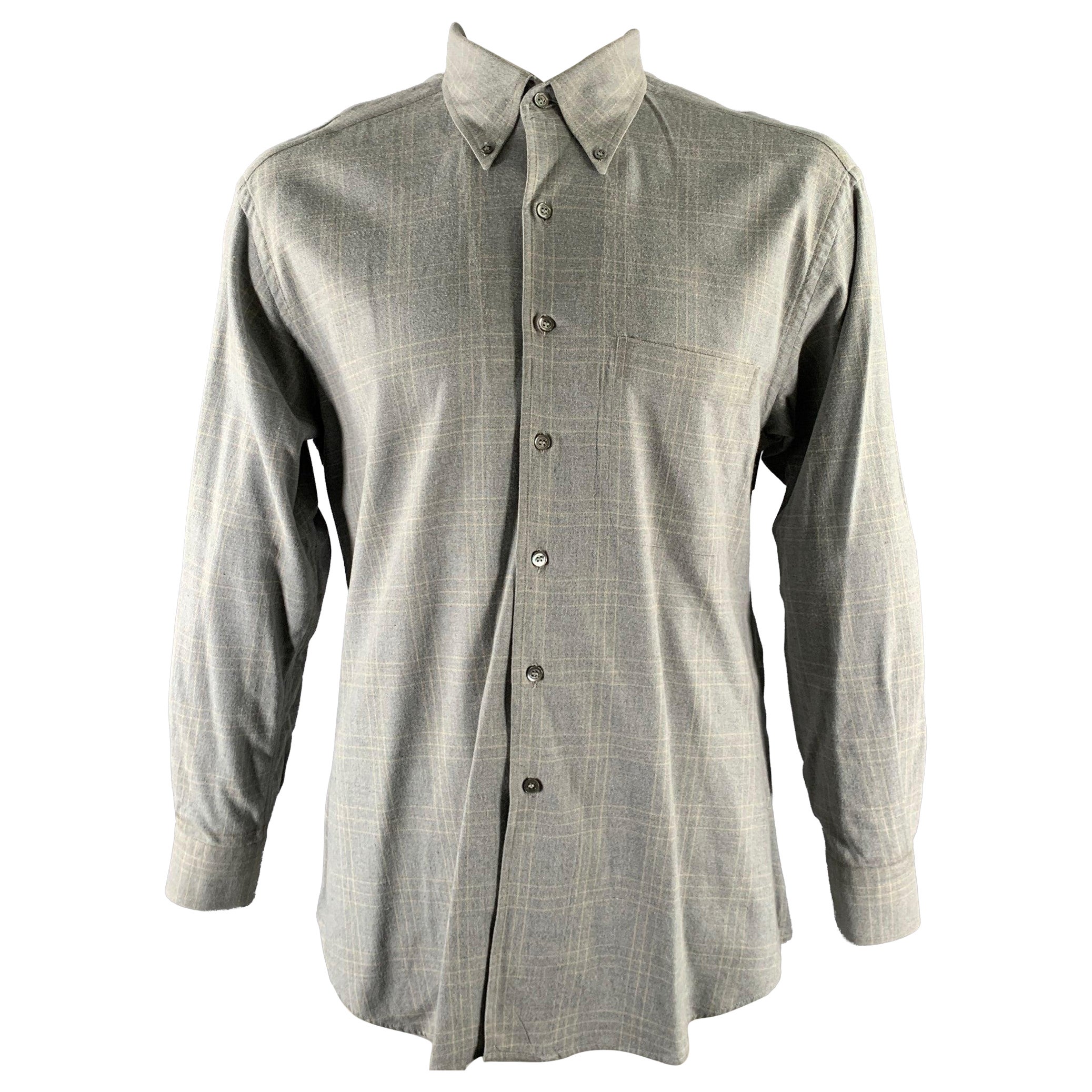 ERMENEGILDO ZEGNA Size XL Grey Plaid Cotton Button Down Long Sleeve Shirt For Sale