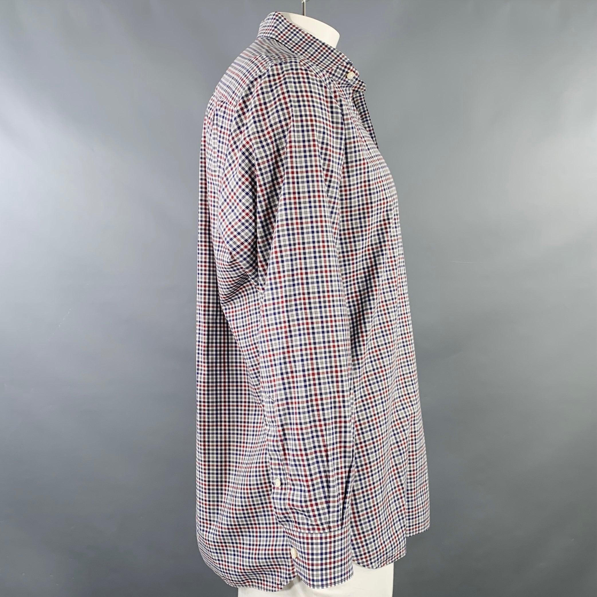 Gray ERMENEGILDO ZEGNA Size XL Navy Red Checkered Cotton Long Sleeve Shirt For Sale