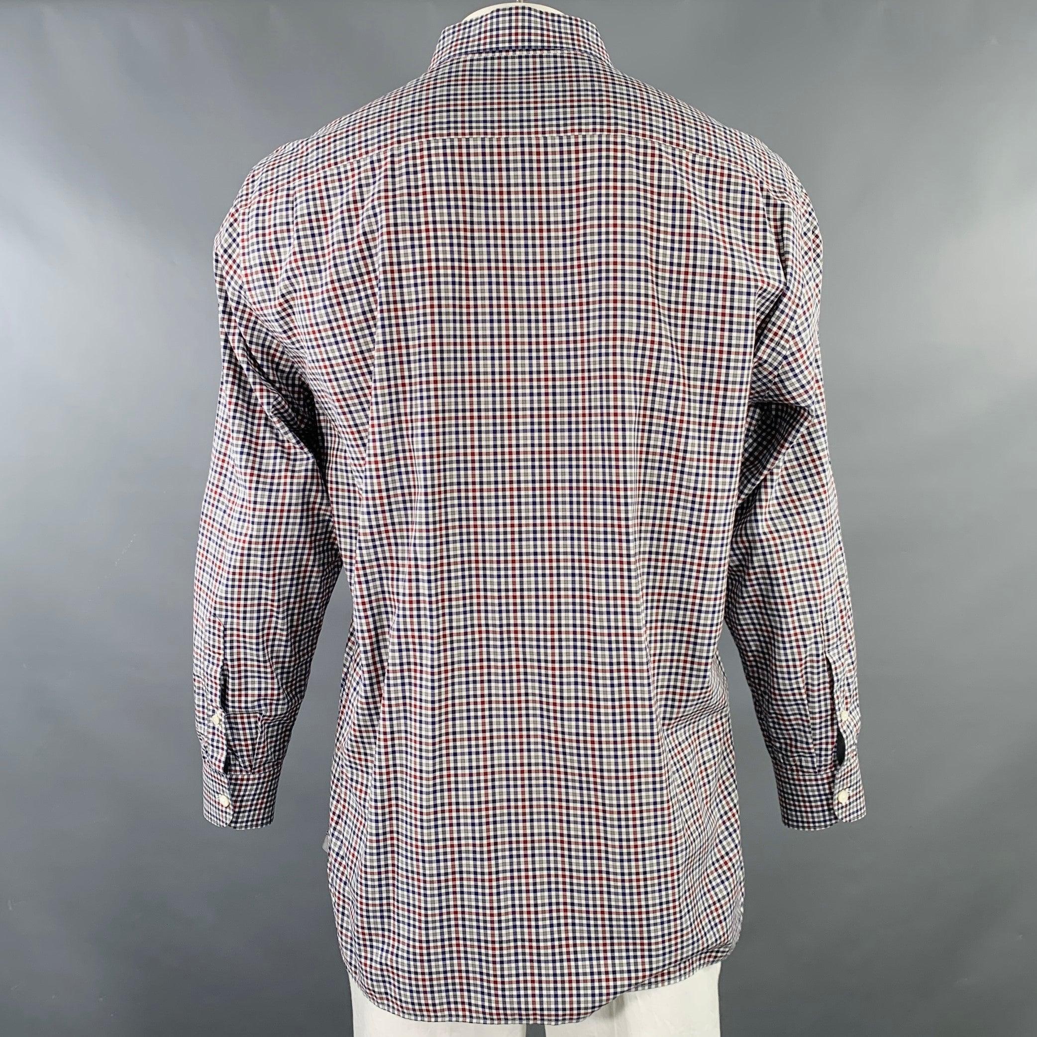 ERMENEGILDO ZEGNA Size XL Navy Red Checkered Cotton Long Sleeve Shirt In Excellent Condition For Sale In San Francisco, CA
