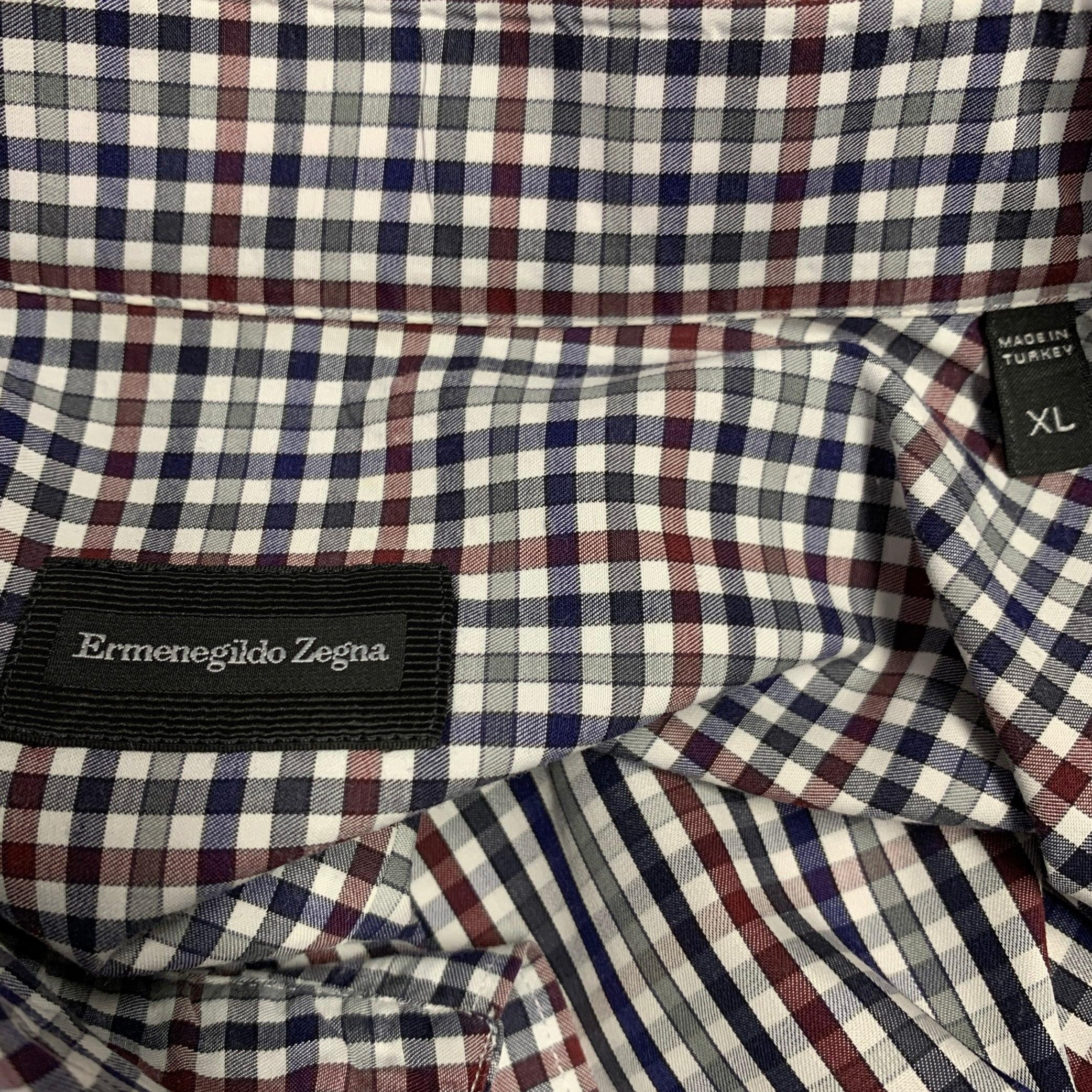 Men's ERMENEGILDO ZEGNA Size XL Navy Red Checkered Cotton Long Sleeve Shirt For Sale