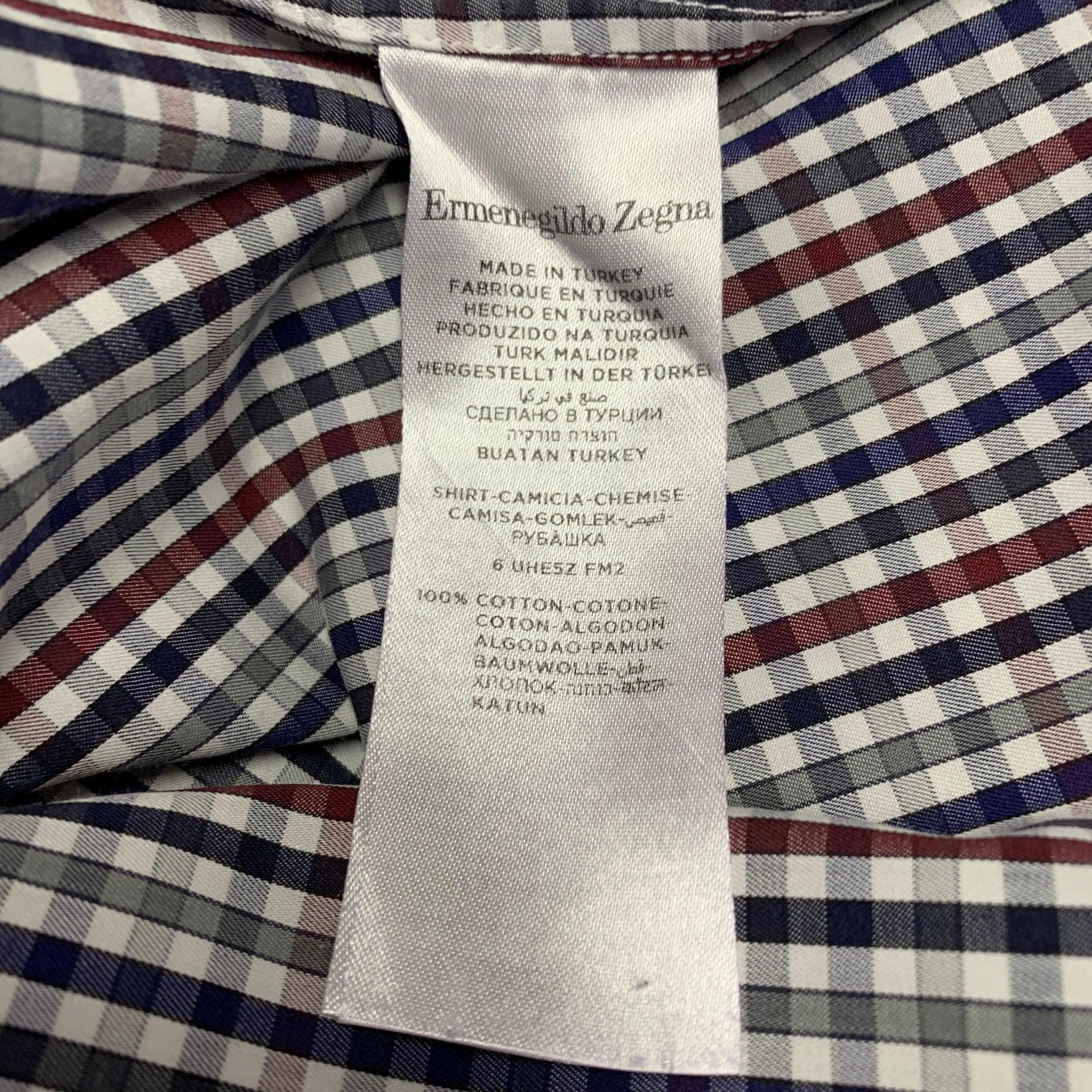 ERMENEGILDO ZEGNA Size XL Navy Red Checkered Cotton Long Sleeve Shirt For Sale 1