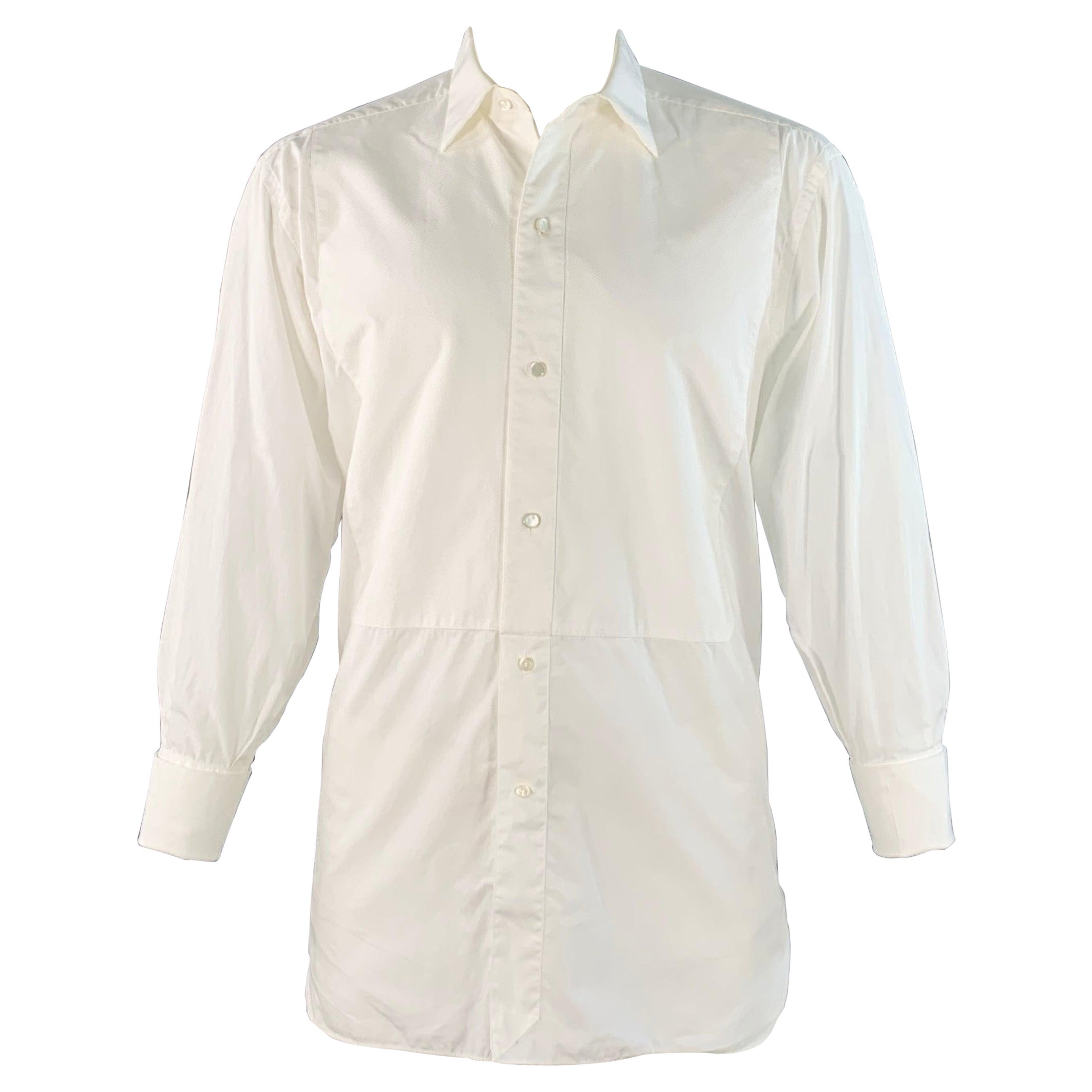 Ermenegildo Zegna Taglia XL Camicia in cotone testurizzato bianco con polsino francese a maniche lunghe Tuxedo