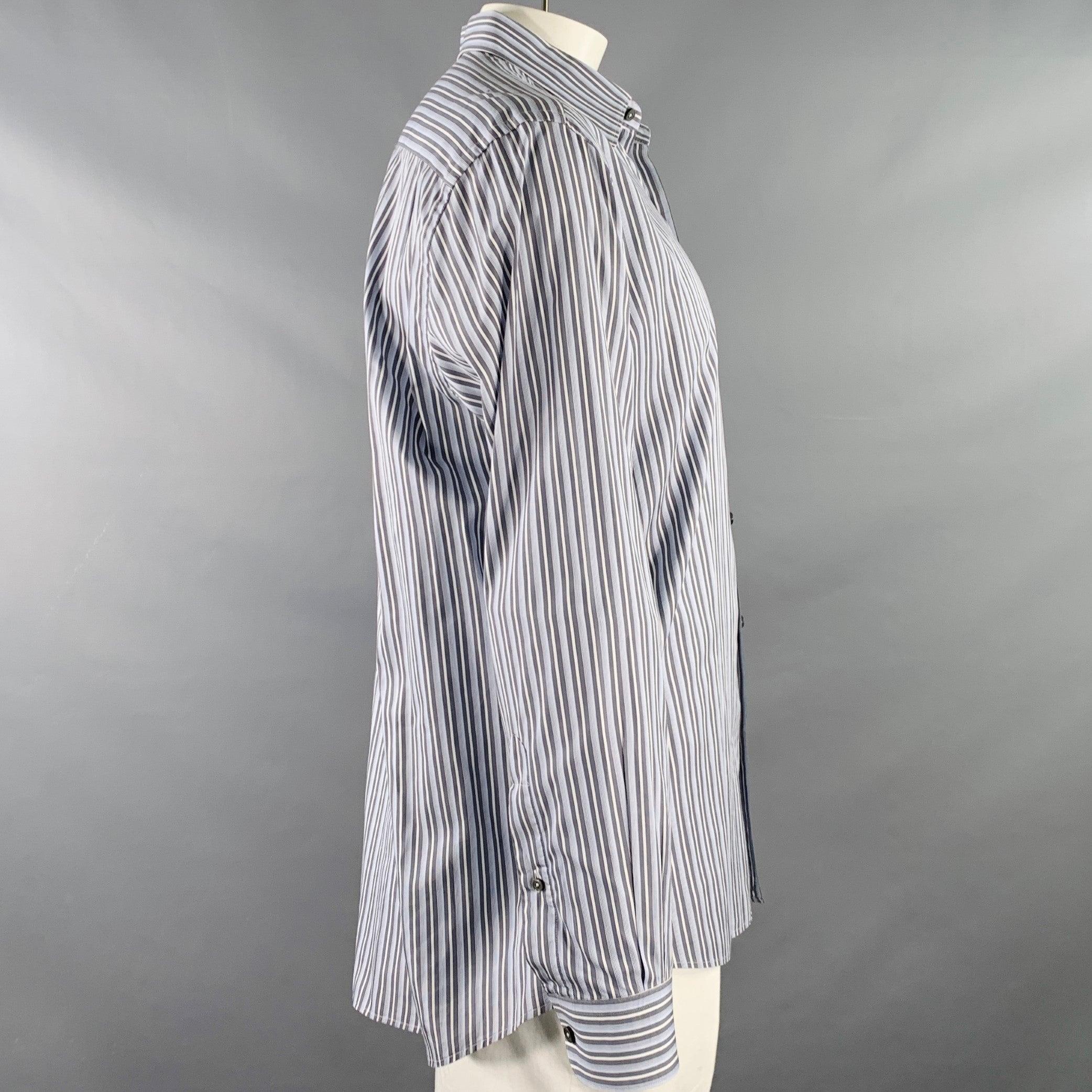 Gray ERMENEGILDO ZEGNA Size XXL Blue Grey Stripe Cotton Long Sleeve Shirt For Sale