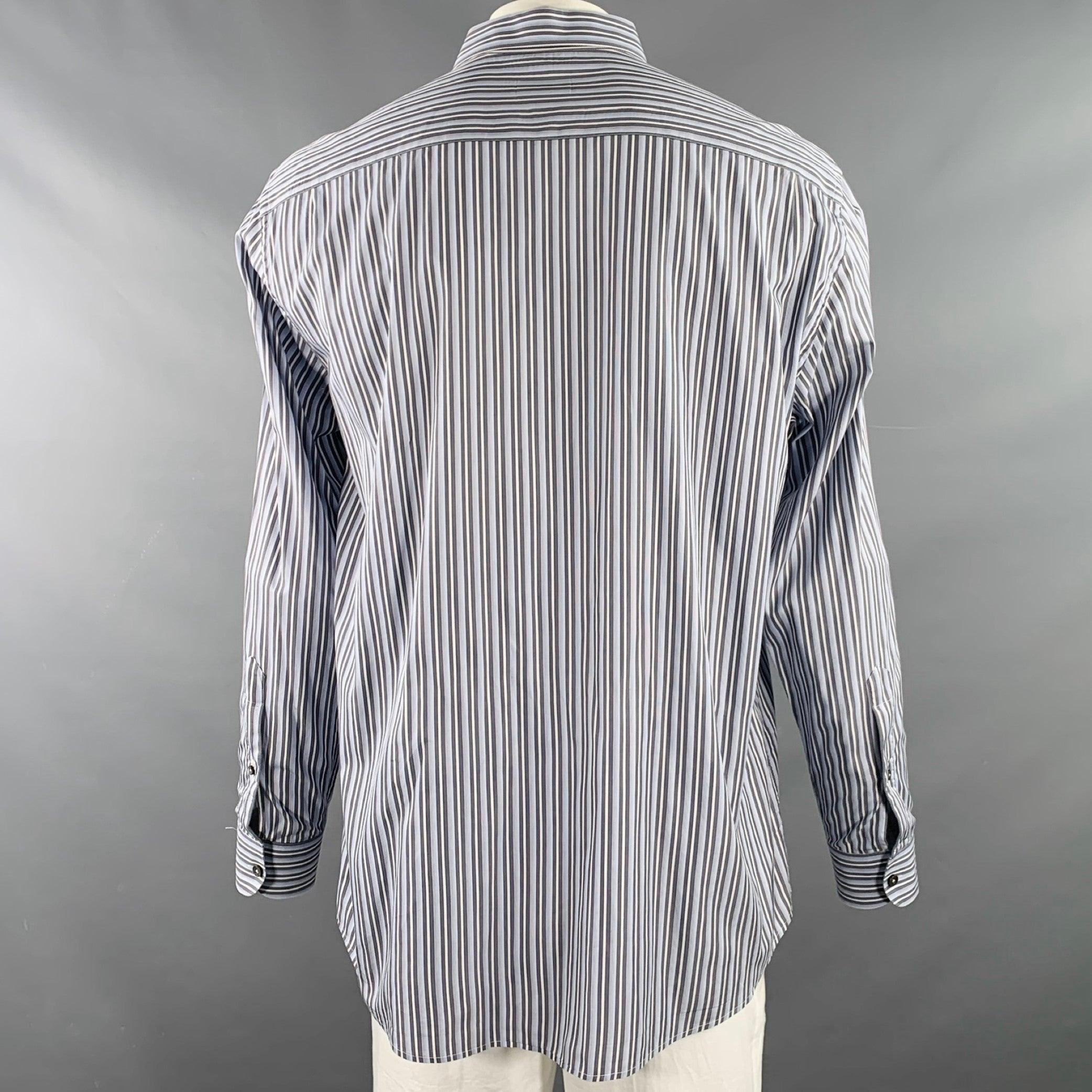 ERMENEGILDO ZEGNA Size XXL Blue Grey Stripe Cotton Long Sleeve Shirt In Excellent Condition For Sale In San Francisco, CA
