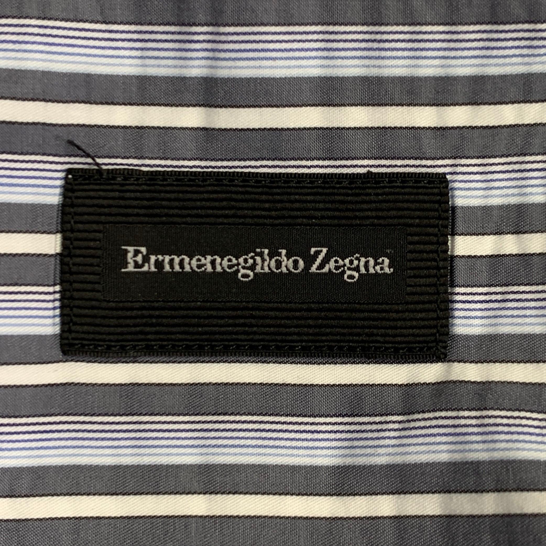 Men's ERMENEGILDO ZEGNA Size XXL Blue Grey Stripe Cotton Long Sleeve Shirt For Sale