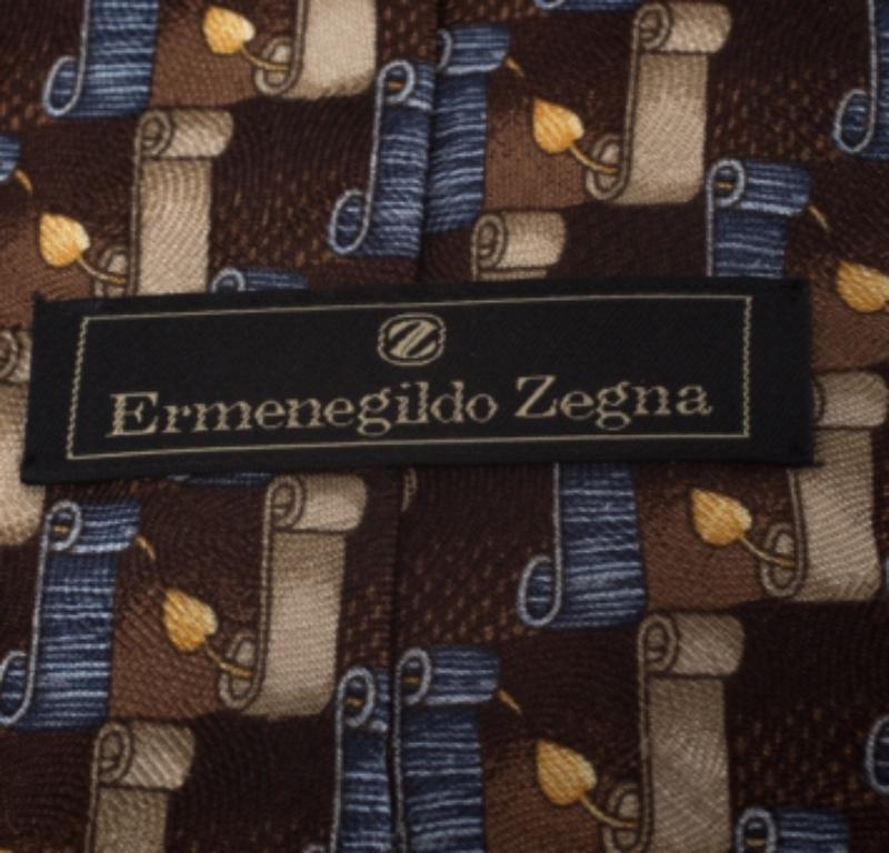 Uomo Cravatta vintage di Ermenegildo Zegna in seta con stampa a volute marrone e blu in vendita