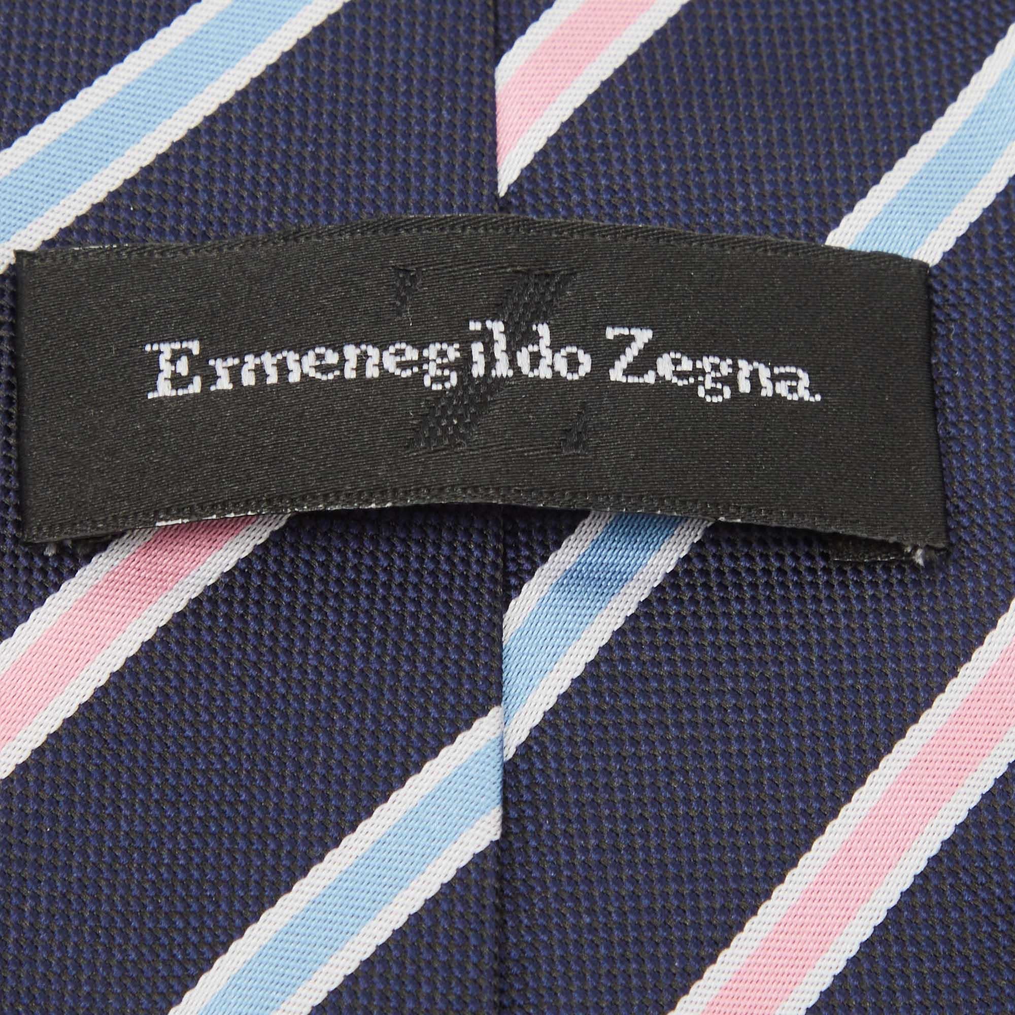 Nero Cravatta tradizionale in seta a righe diagonali Ermenegildo Zegna Vintage blu navy in vendita