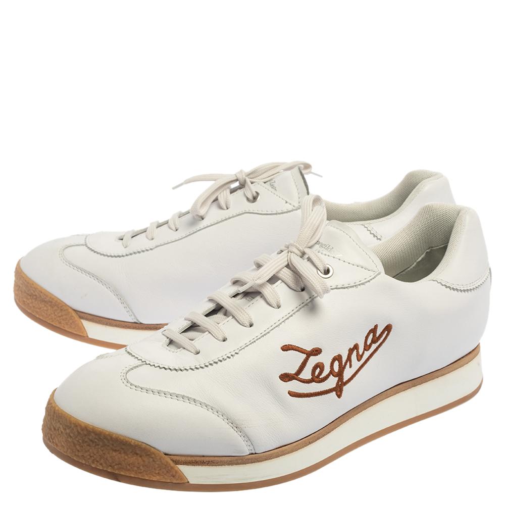 Ermenegildo Zegna White Leather Marcello Signature Sneakers Size 46 In Good Condition In Dubai, Al Qouz 2