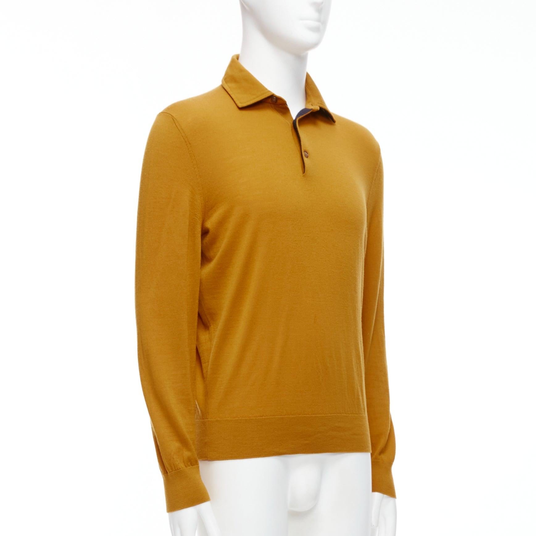 ERMENEGILDO ZEGNA wool cashmere mustard yellow knit polo sweater IT50 L In Good Condition For Sale In Hong Kong, NT