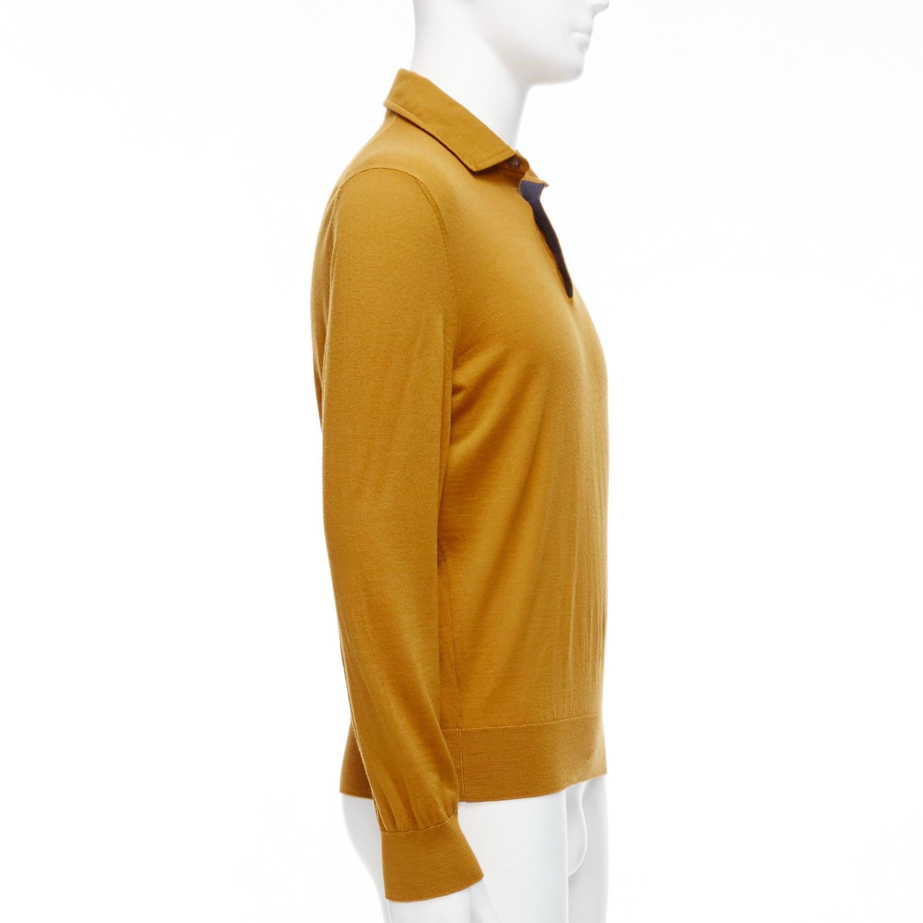 ERMENEGILDO ZEGNA wool cashmere mustard yellow knit polo sweater IT50 L In Good Condition For Sale In Hong Kong, NT