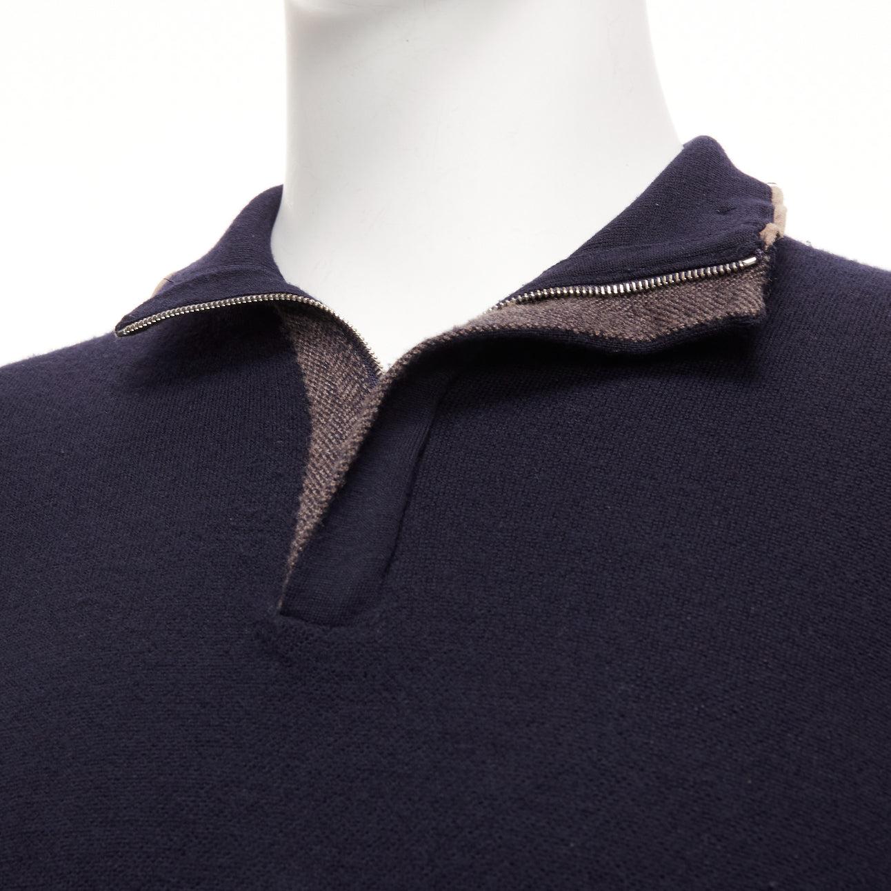 ERMENEGILDO ZEGNA wool cashmere navy grey button detail half zip sweater IT50 L
Reference: JSLE/A00123
Brand: Ermenegildo Zegna
Material: Wool, Cashmere
Color: Navy, Grey
Pattern: Solid
Closure: Zip
Made in: Italy

CONDITION:
Condition: Good, this