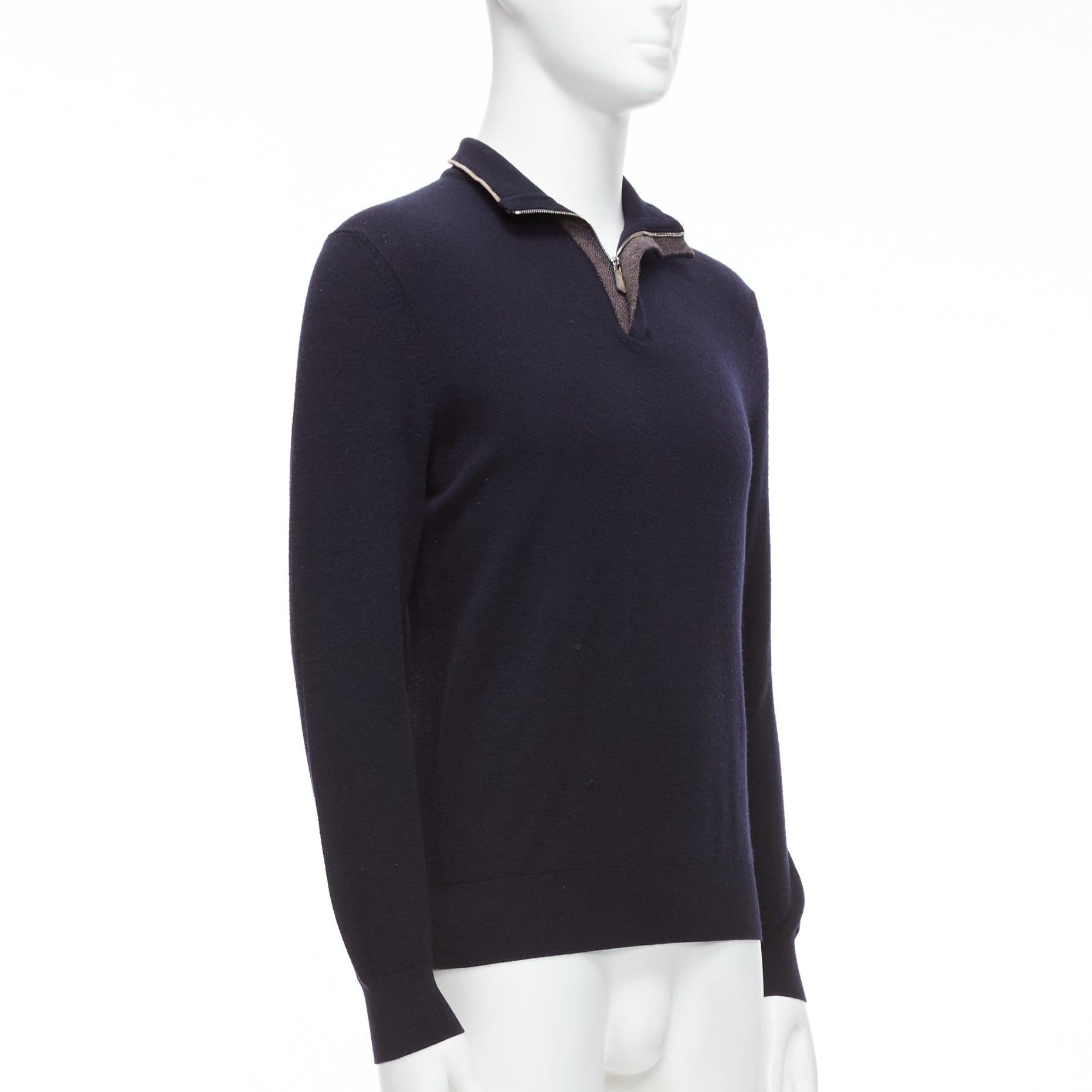 ERMENEGILDO ZEGNA wool cashmere navy grey button detail half zip sweater IT50 L In Good Condition For Sale In Hong Kong, NT