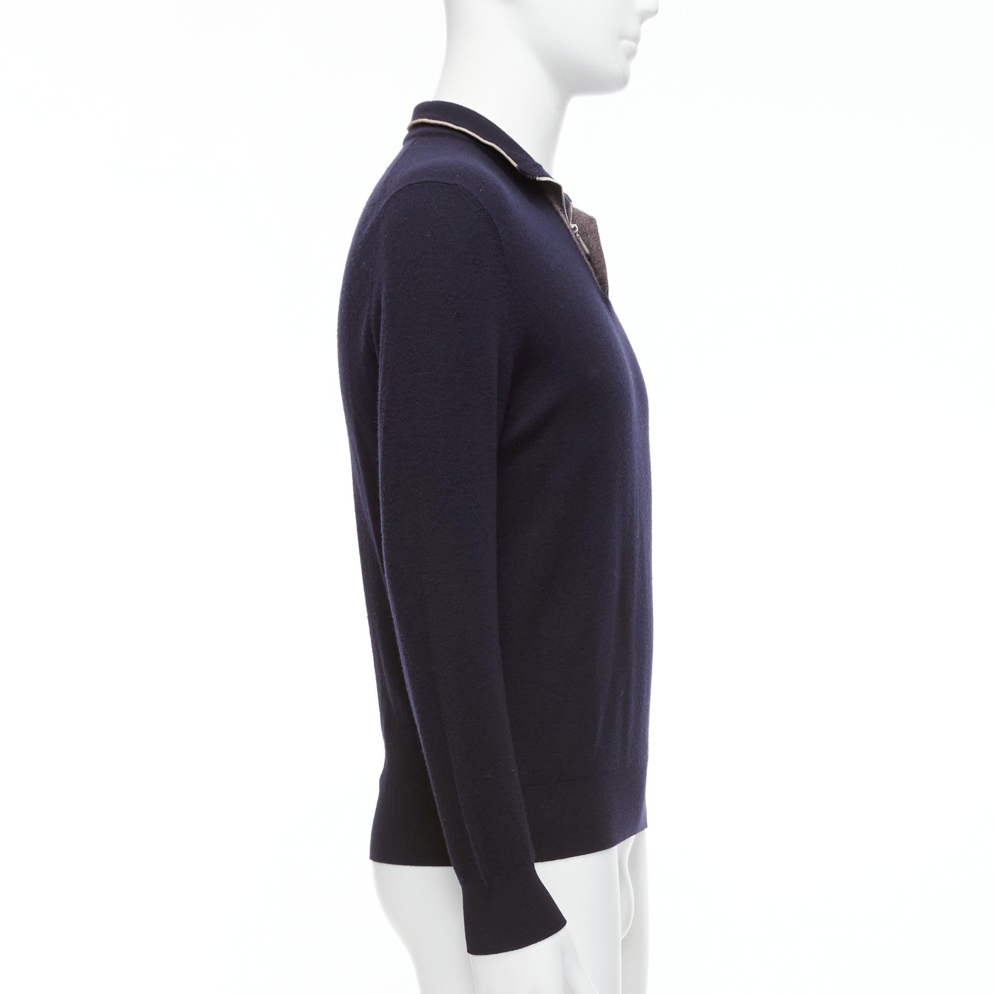 Men's ERMENEGILDO ZEGNA wool cashmere navy grey button detail half zip sweater IT50 L For Sale