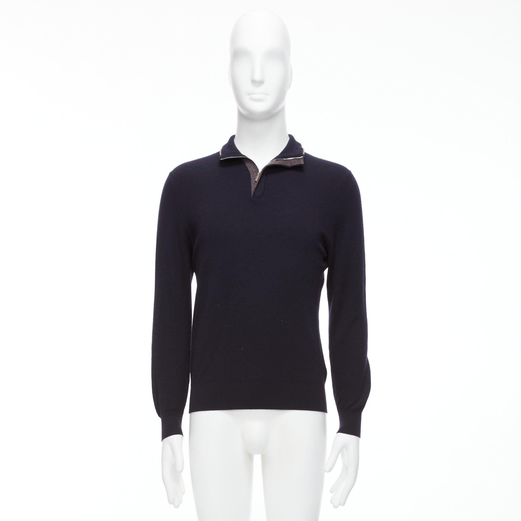ERMENEGILDO ZEGNA wool cashmere navy grey button detail half zip sweater IT50 L For Sale 5