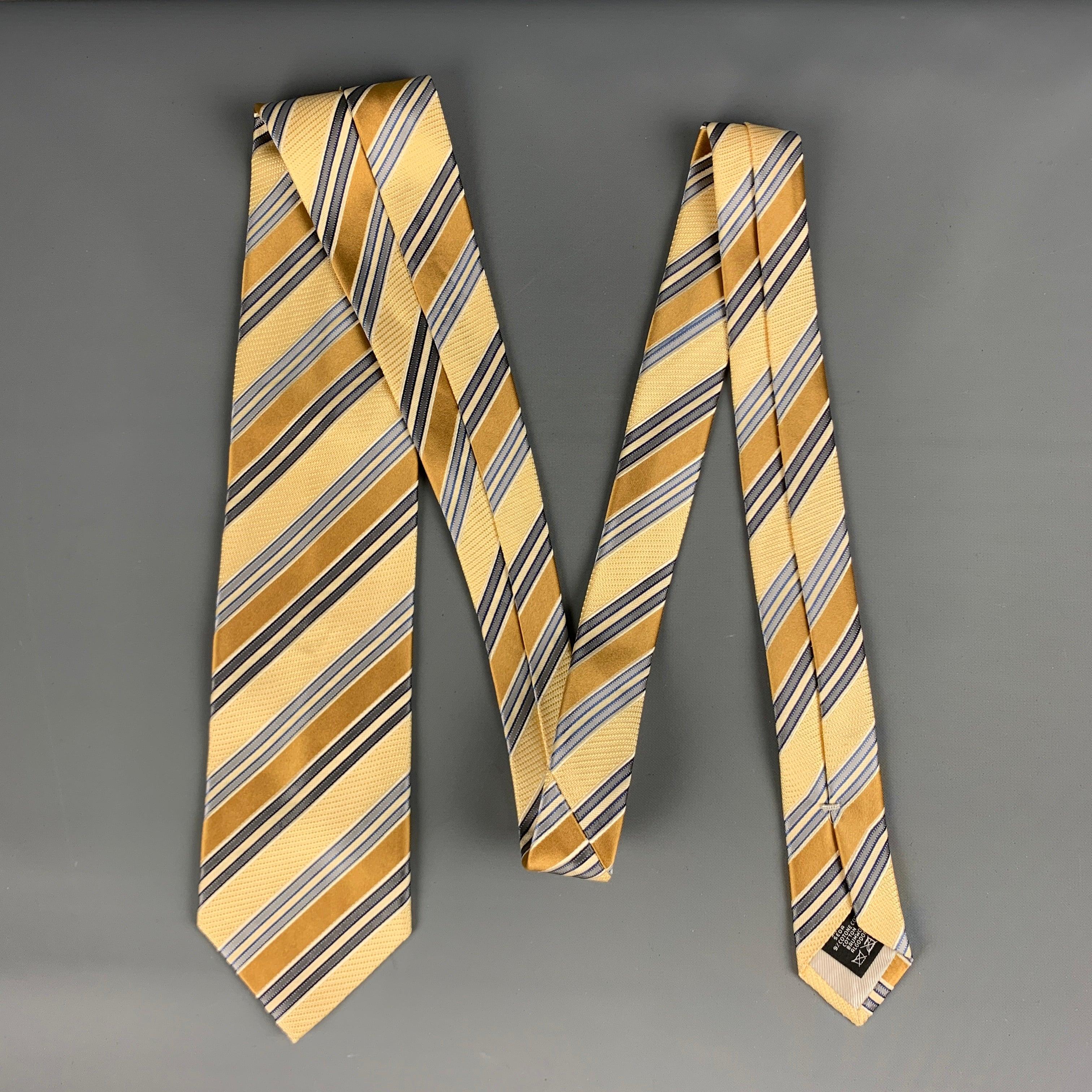 ERMENEGILDO ZEGNA Yellow Grey Diagonal Stripe Silk / Cotton Tie In Good Condition For Sale In San Francisco, CA