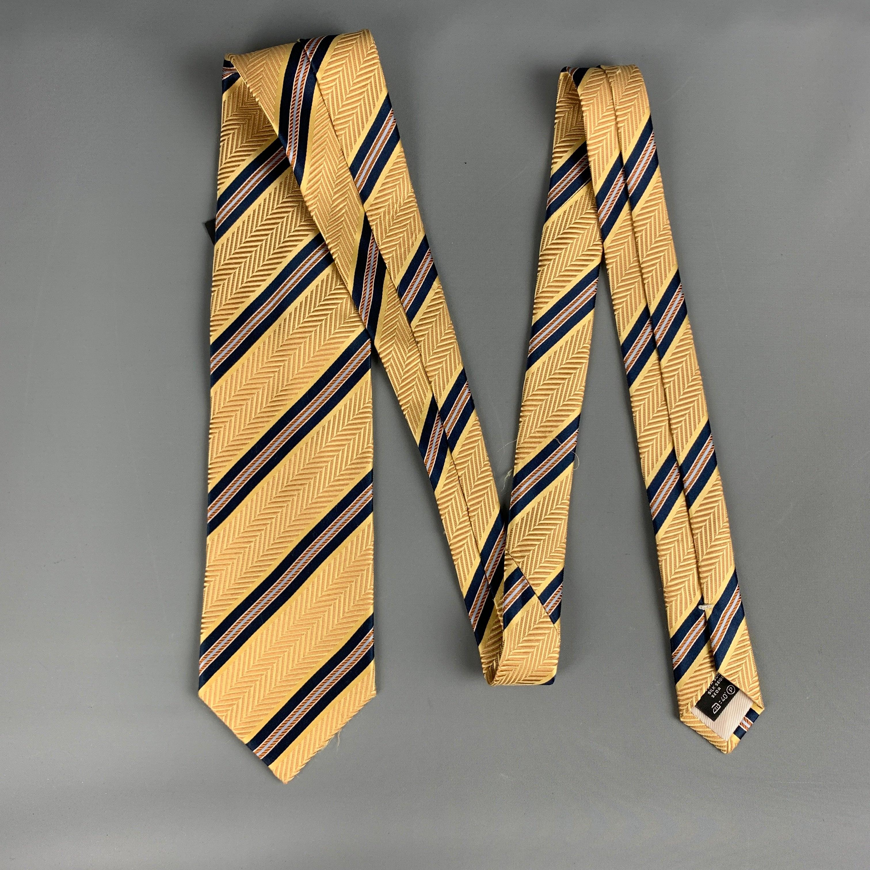 ERMENEGILDO ZEGNA Yellow Navy Diagonal Stripe Silk Tie In Good Condition For Sale In San Francisco, CA