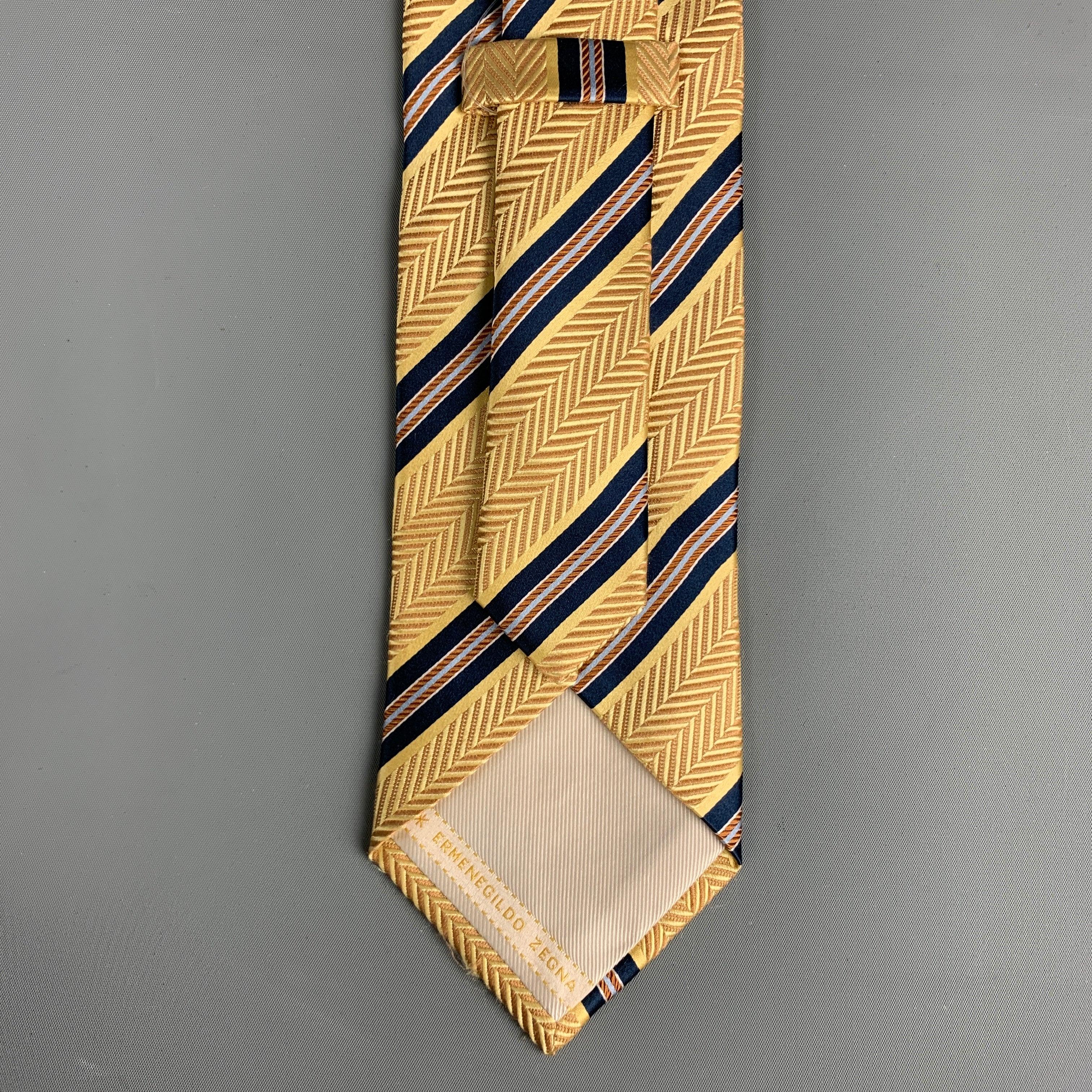 Men's ERMENEGILDO ZEGNA Yellow Navy Diagonal Stripe Silk Tie For Sale