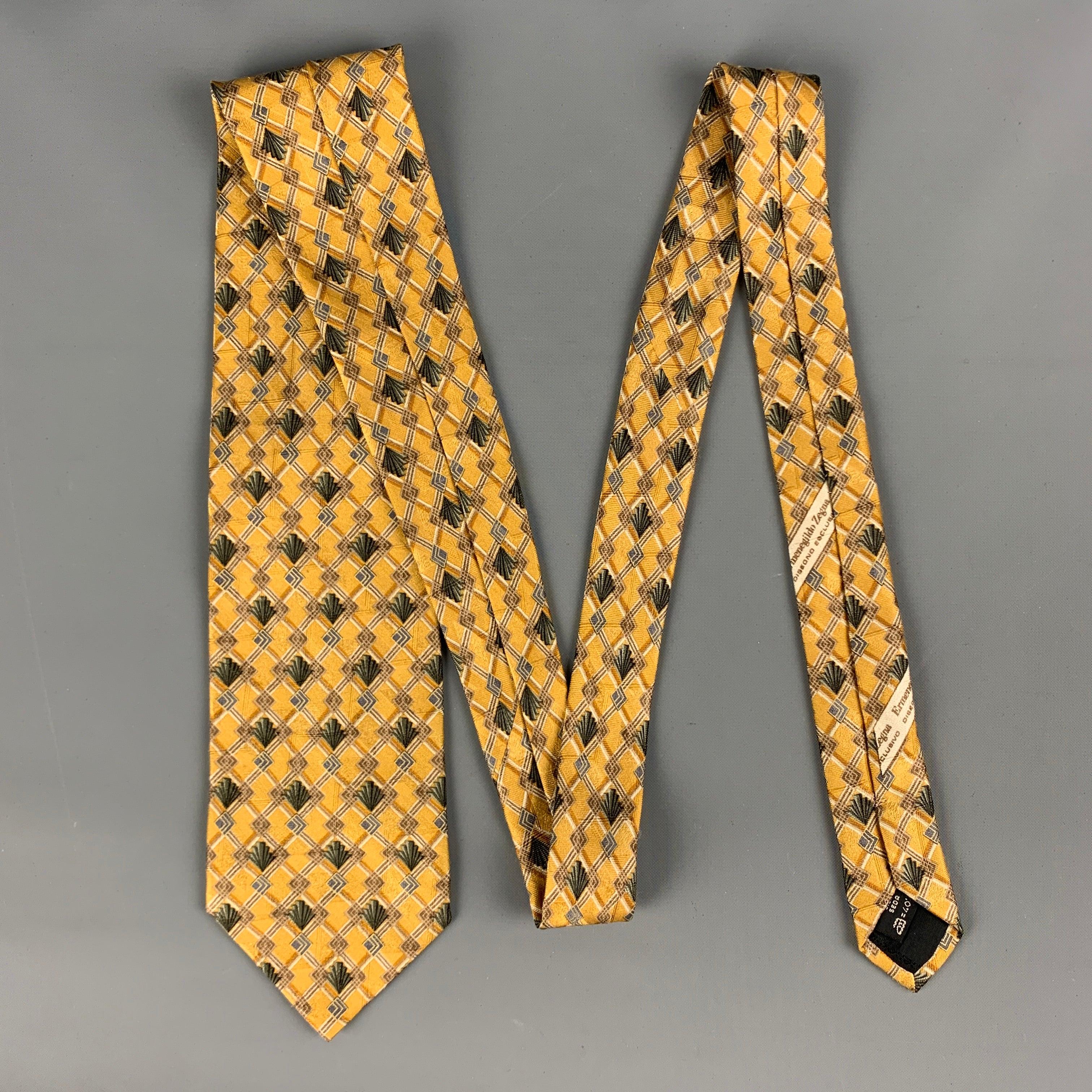 ERMENEGILDO ZEGNA Yellow Olive Rhombus Silk Tie In Good Condition For Sale In San Francisco, CA