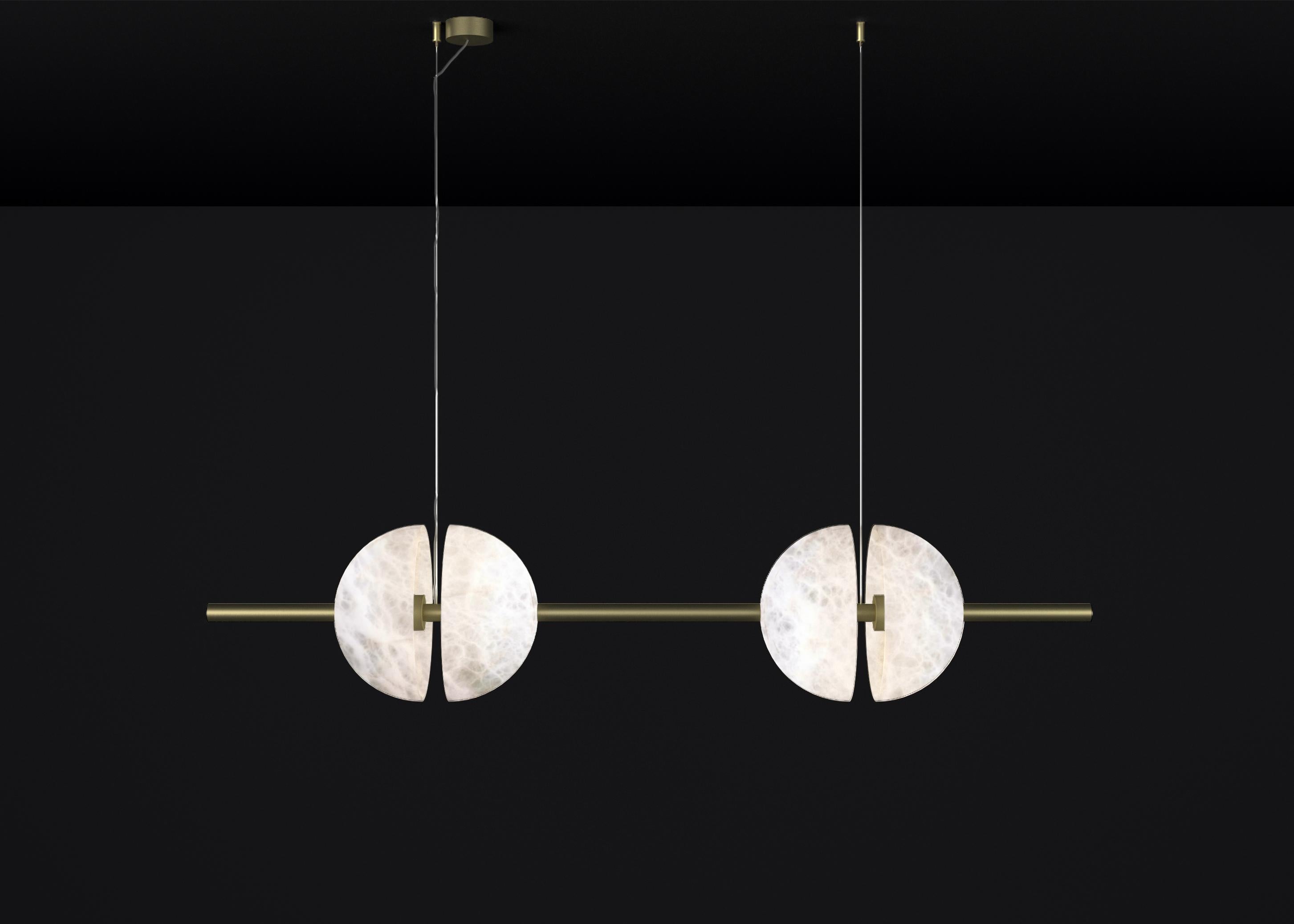 Ermes Brushed Brass And Alabaster Pendant Light 1 by Alabastro Italiano
Dimensions: D 30 x W 150 x H 300 cm.
Materials: White alabaster and brushed brass.

Available in different finishes: Shiny Silver, Bronze, Brushed Brass, Ruggine of Florence,