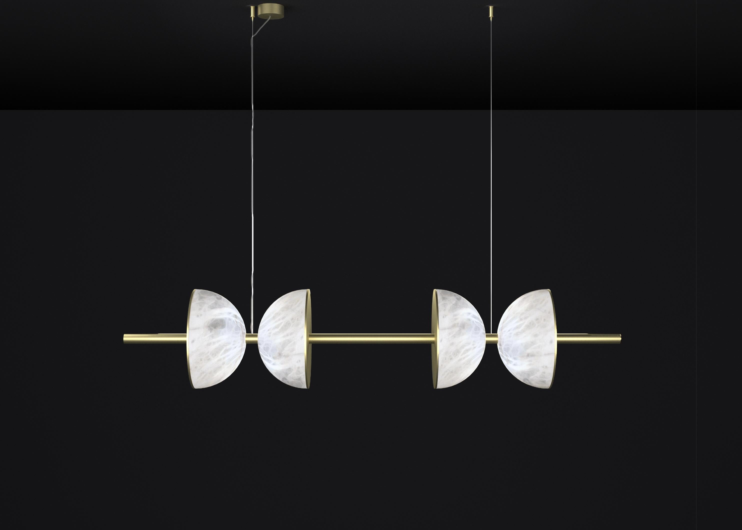 Ermes Brushed Brass And Alabaster Pendant Light 2 by Alabastro Italiano
Dimensions: D 30 x W 150 x H 300 cm.
Materials: White alabaster and brushed brass.

Available in different finishes: Shiny Silver, Bronze, Brushed Brass, Ruggine of Florence,