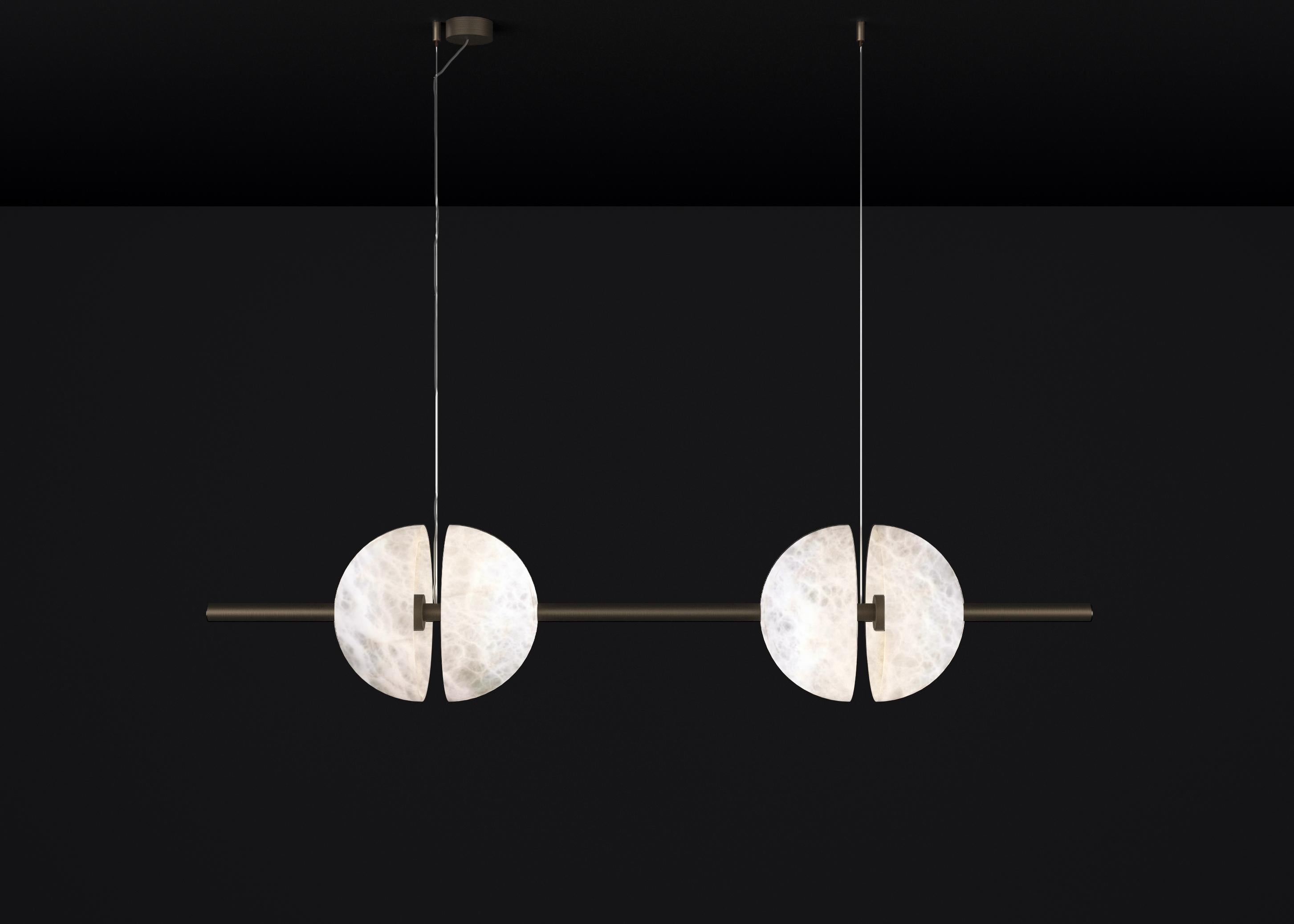 Ermes Burnished Metal And Alabaster Pendant Light 1 by Alabastro Italiano
Dimensions: D 30 x W 150 x H 300 cm.
Materials: White alabaster and brushed burnished metal.

Available in different finishes: Shiny Silver, Bronze, Brushed Brass, Ruggine of