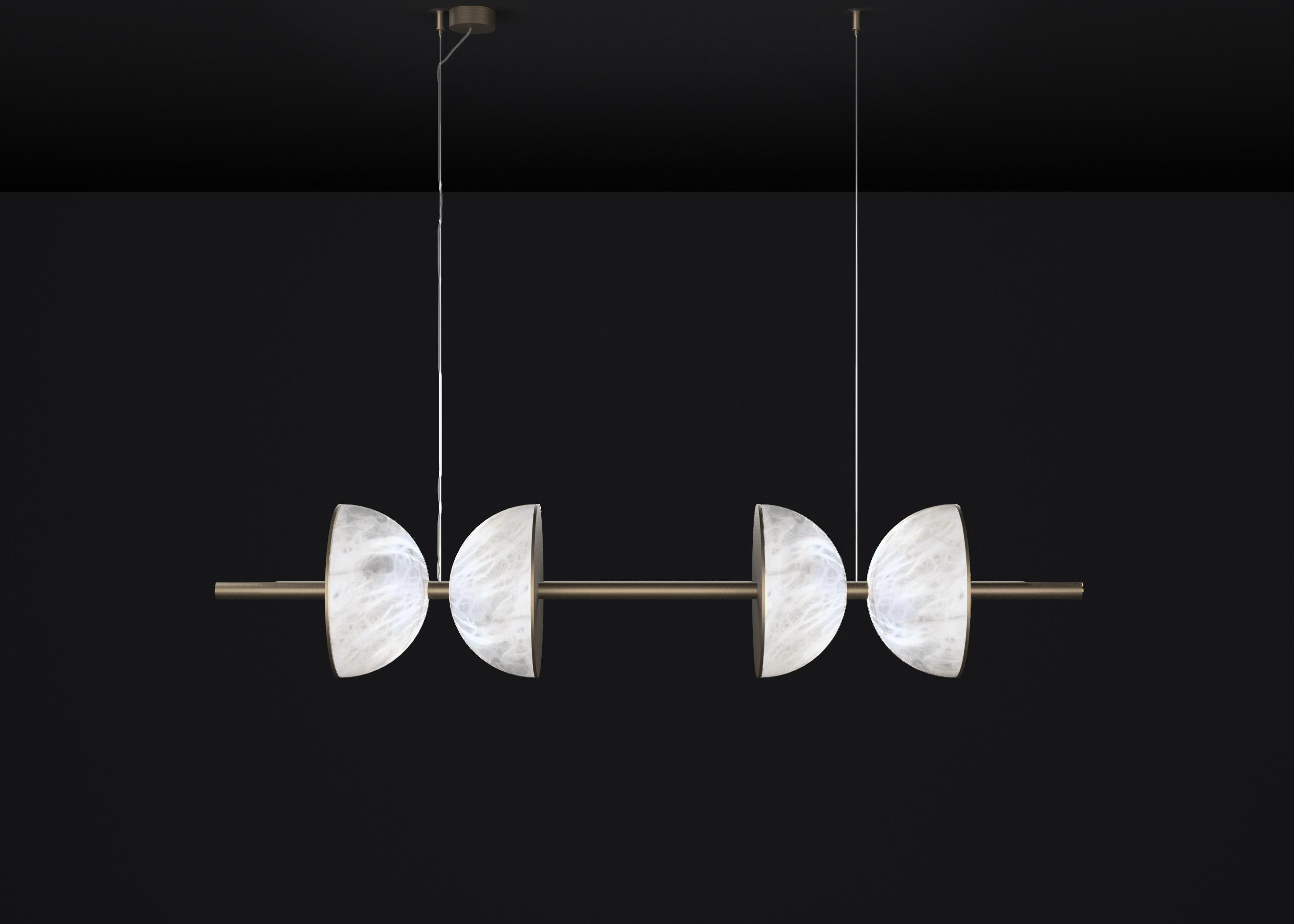 Ermes Burnished Metal And Alabaster Pendant Light 2 by Alabastro Italiano
Dimensions: D 30 x W 150 x H 300 cm.
Materials: White alabaster and brushed burnished metal.

Available in different finishes: Shiny Silver, Bronze, Brushed Brass, Ruggine of
