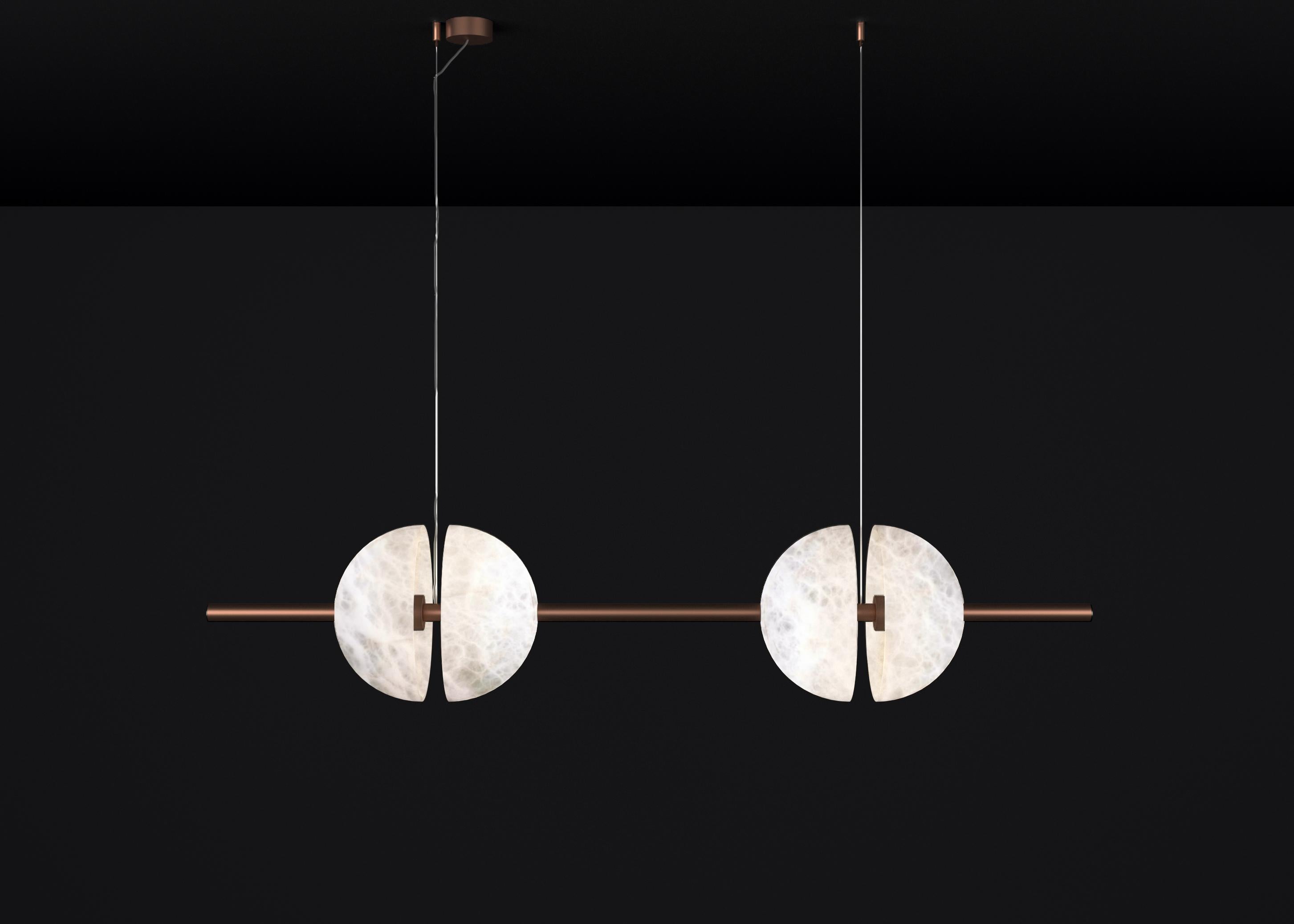 Ermes Copper And Alabaster Pendant Light 1 by Alabastro Italiano
Dimensions: D 30 x W 150 x H 300 cm.
Materials: White alabaster and copper.

Available in different finishes: Shiny Silver, Bronze, Brushed Brass, Ruggine of Florence, Brushed