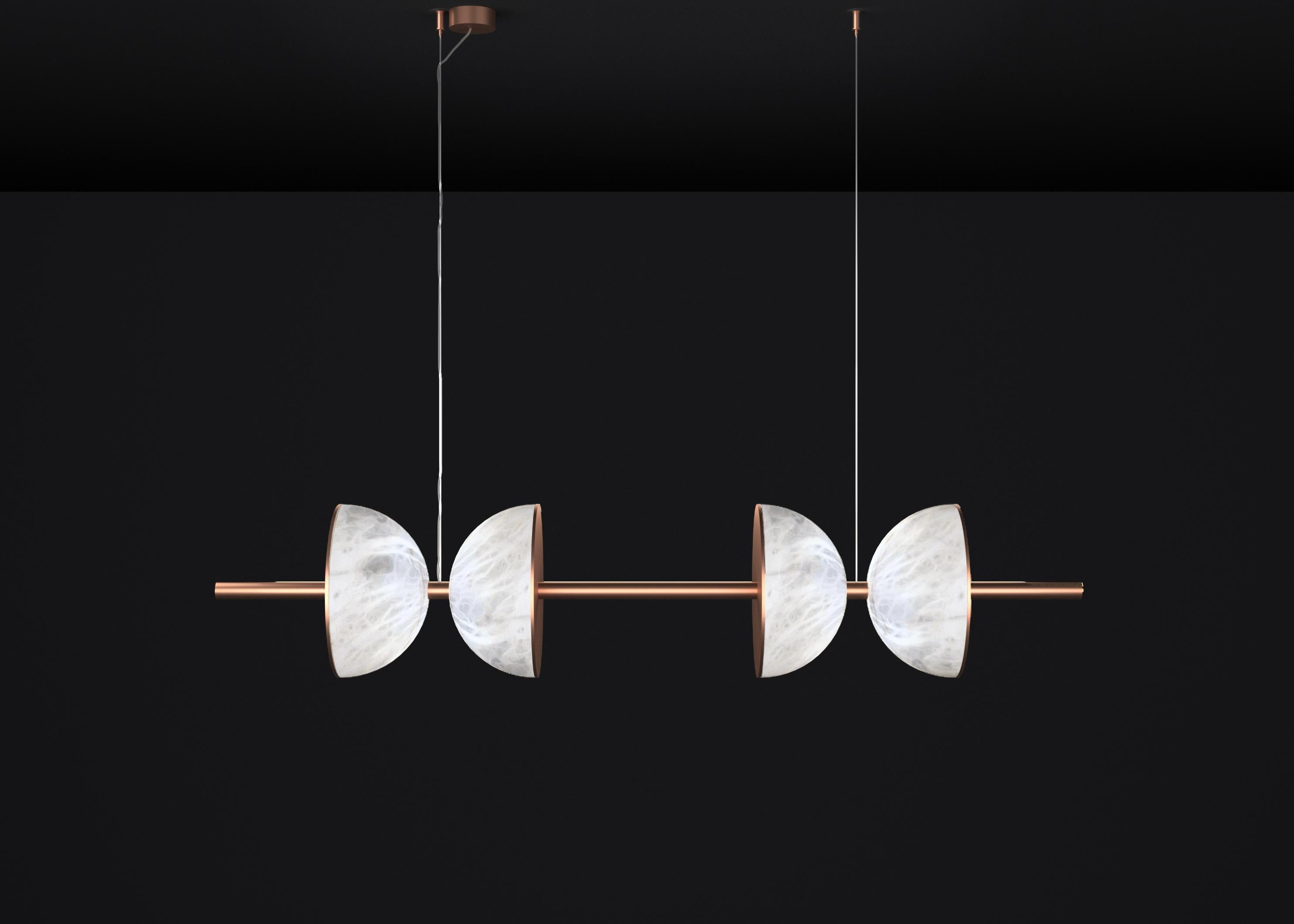 Ermes Copper And Alabaster Pendant Light 2 by Alabastro Italiano
Dimensions: D 30 x W 150 x H 300 cm.
Materials: White alabaster and copper.

Available in different finishes: Shiny Silver, Bronze, Brushed Brass, Ruggine of Florence, Brushed