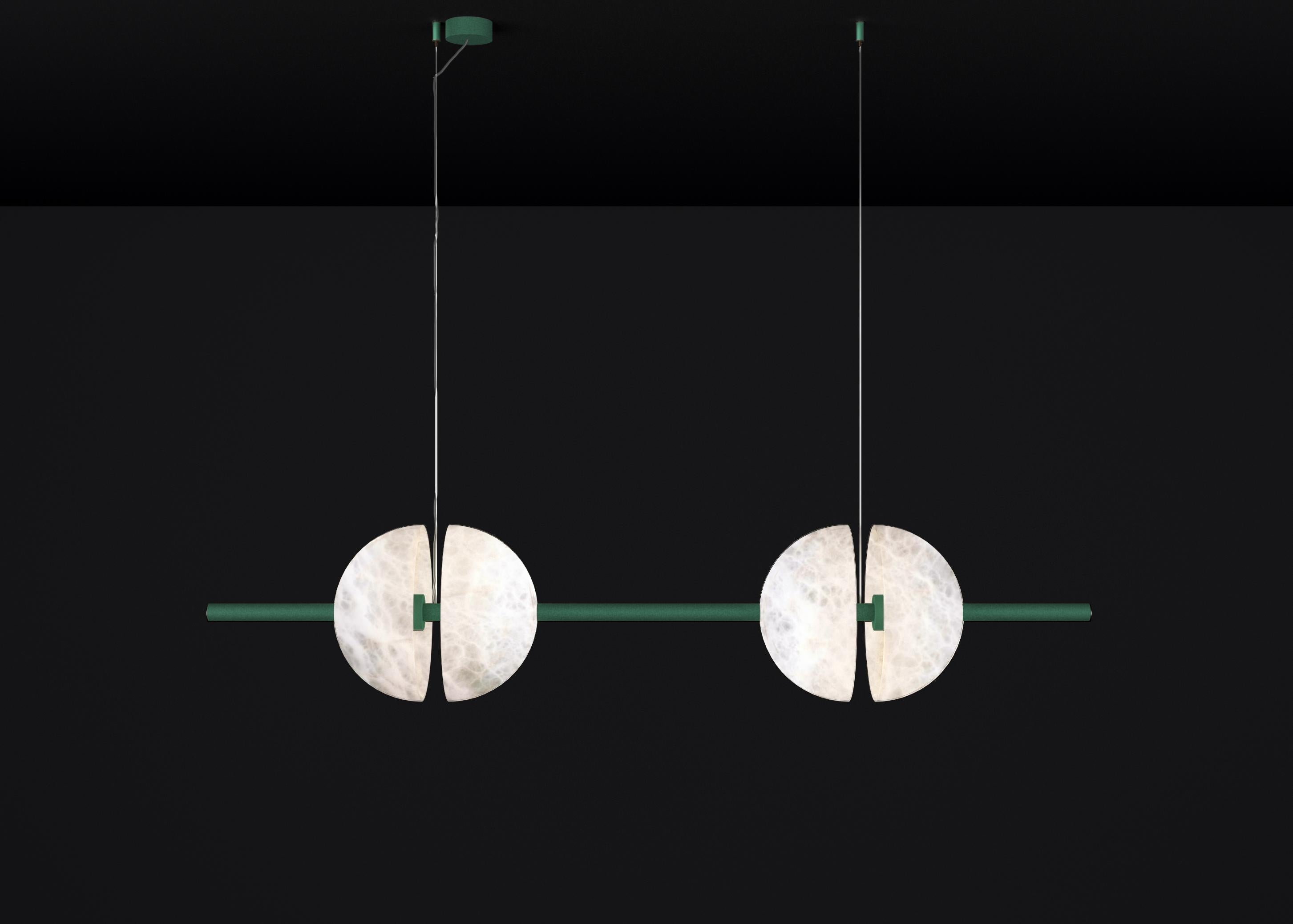 Ermes Freedom Green Metal And Alabaster Pendant Light 1 by Alabastro Italiano
Dimensions: D 30 x W 150 x H 300 cm.
Materials: White alabaster and freedom green metal.

Available in different finishes: Shiny Silver, Bronze, Brushed Brass, Ruggine of