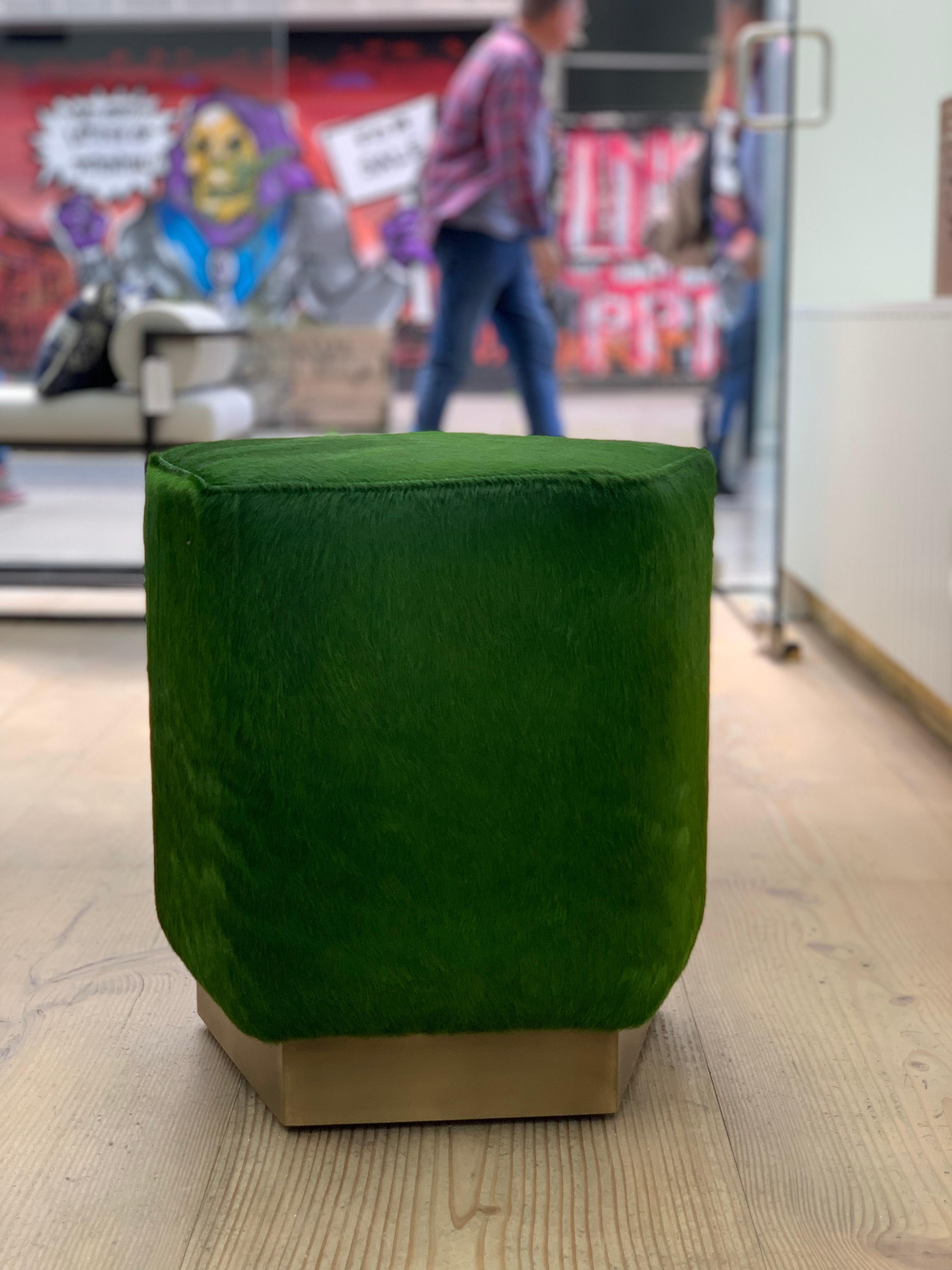 Art Deco Ermes Pentagon Pouf Green Cowhide and Antique Brass Plinth For Sale