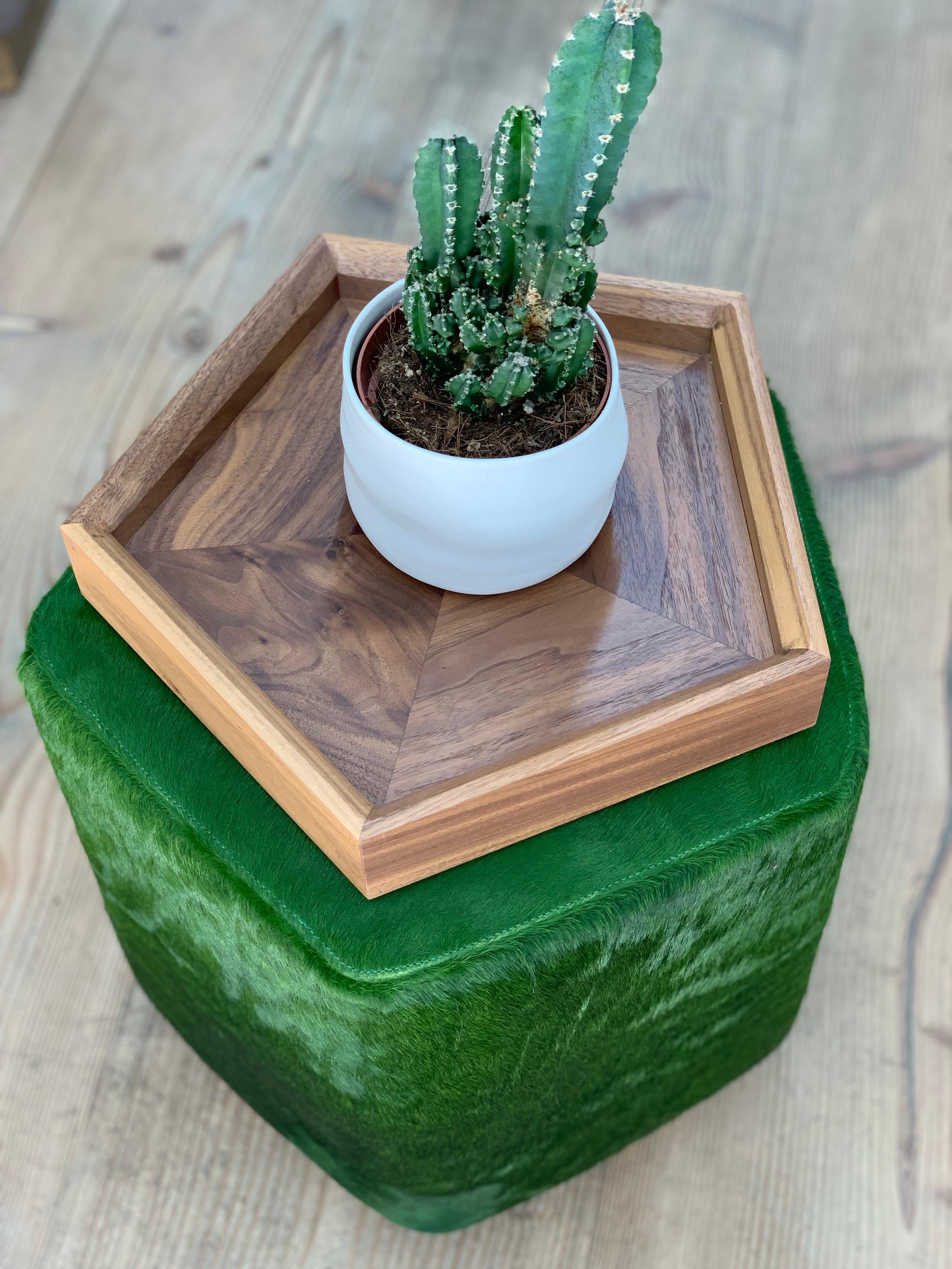 Steel Ermes Pentagon Pouf Green Cowhide and Antique Brass Plinth For Sale