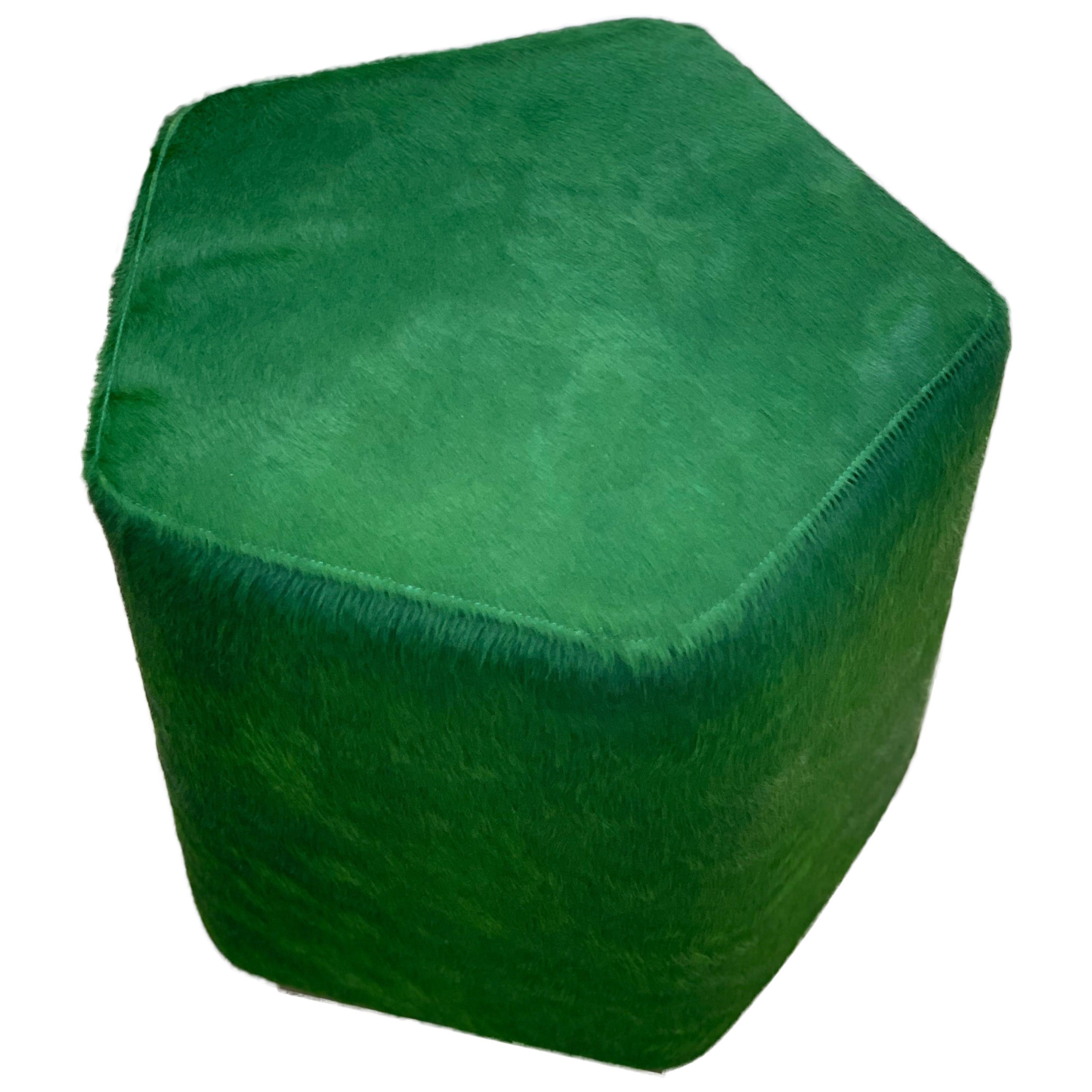 Ermes Pentagon Pouf Green Cowhide and Antique Brass Plinth For Sale