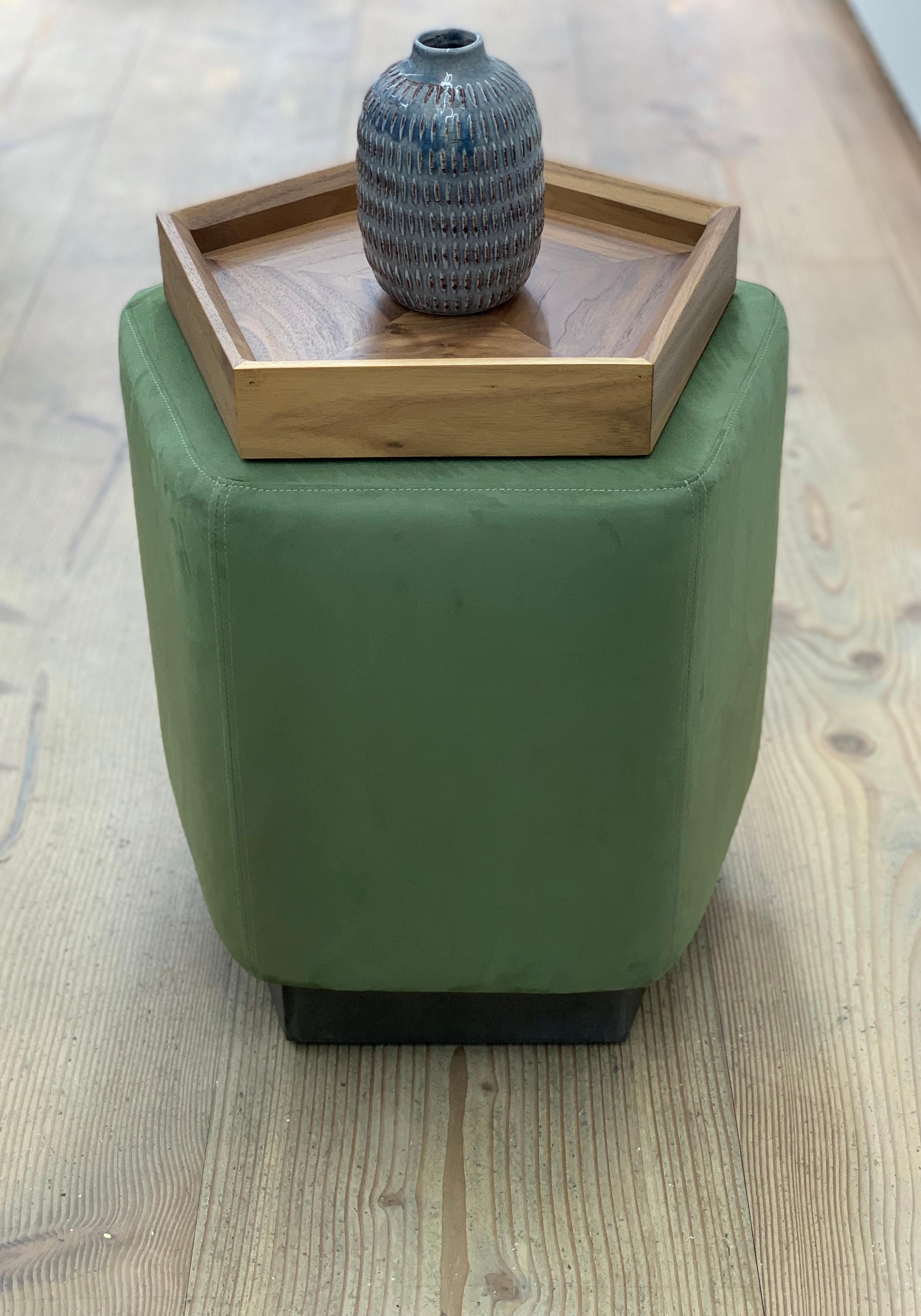 Art Deco Ermes Pentagon Pouf Green Ultra Suede and Antique Brass Plinth For Sale
