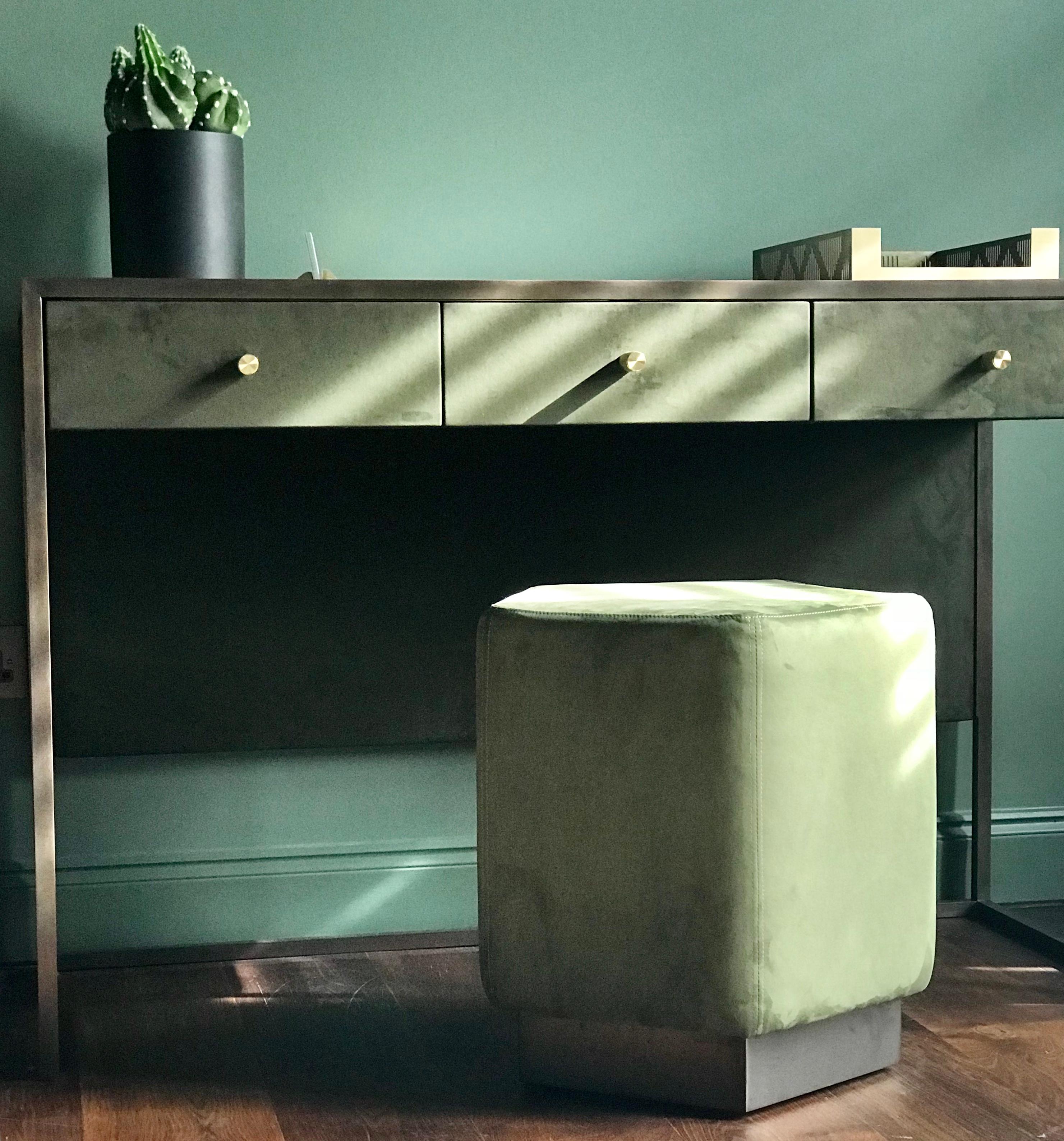 British Ermes Pentagon Pouf Green Ultra Suede and Antique Brass Plinth For Sale