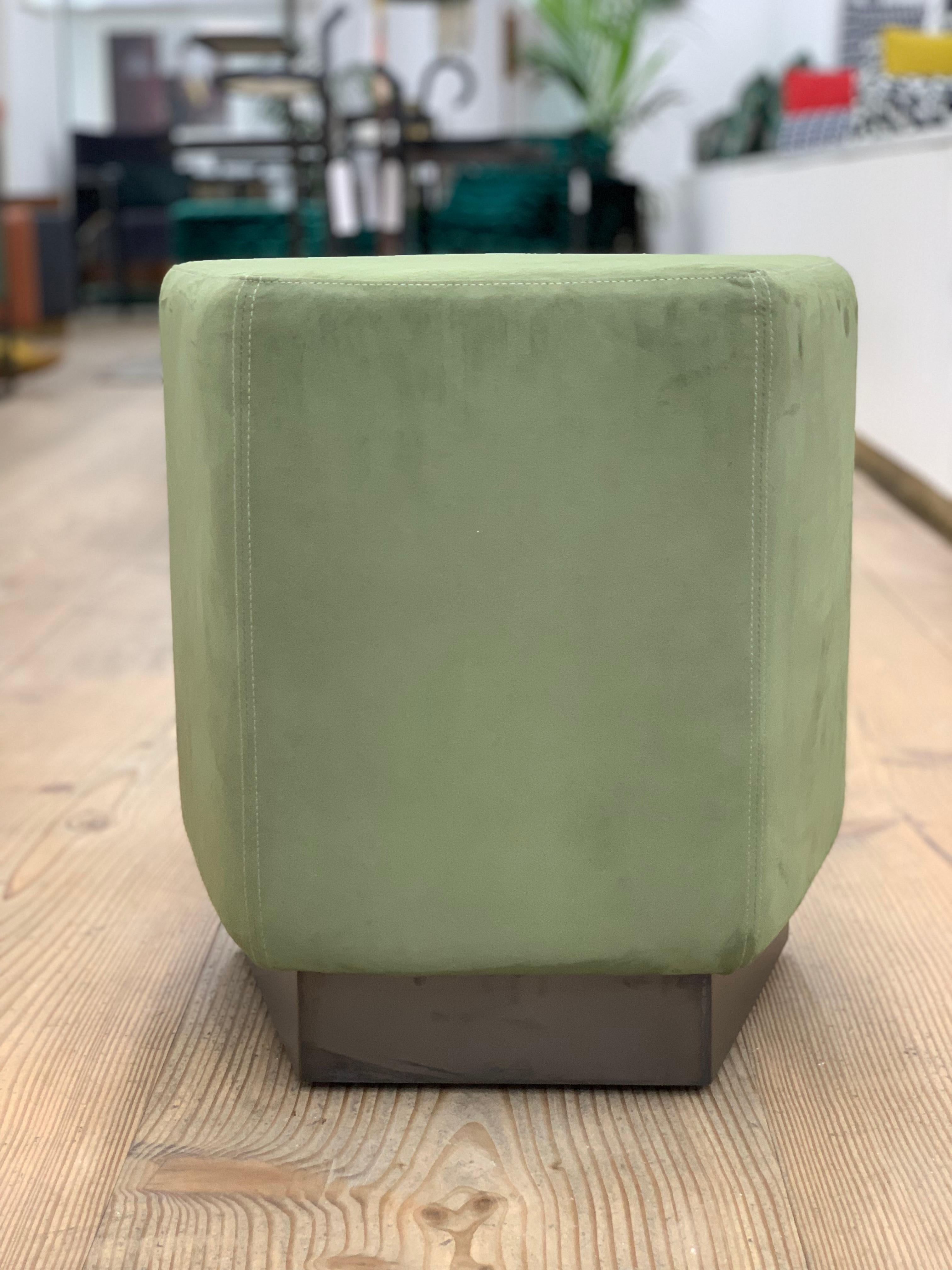 Brushed Ermes Pentagon Pouf Green Ultra Suede and Antique Brass Plinth For Sale