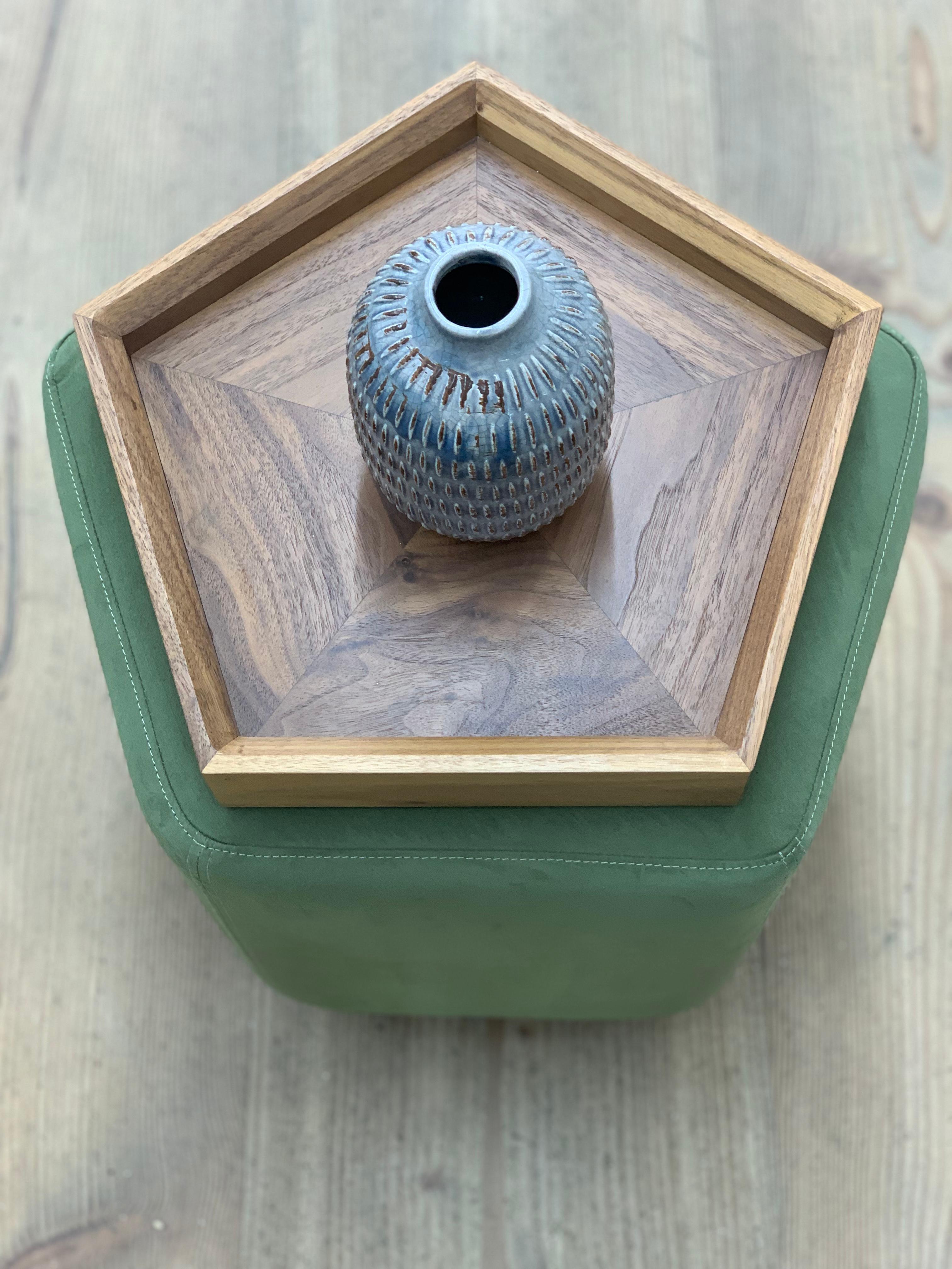 Contemporary Ermes Pentagon Pouf Green Ultra Suede and Antique Brass Plinth For Sale