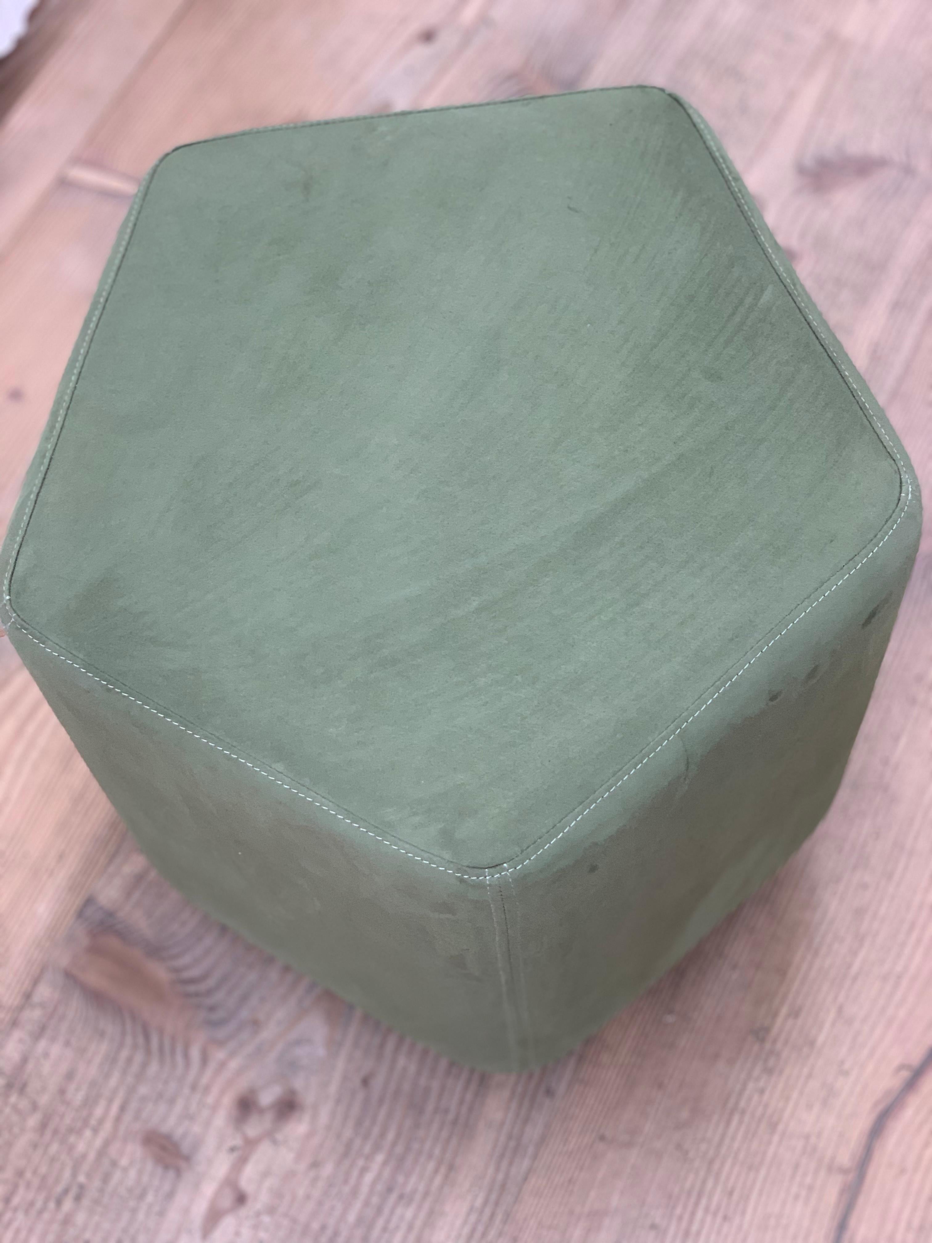 Ultrasuede Ermes Pentagon Pouf Green Ultra Suede and Antique Brass Plinth For Sale