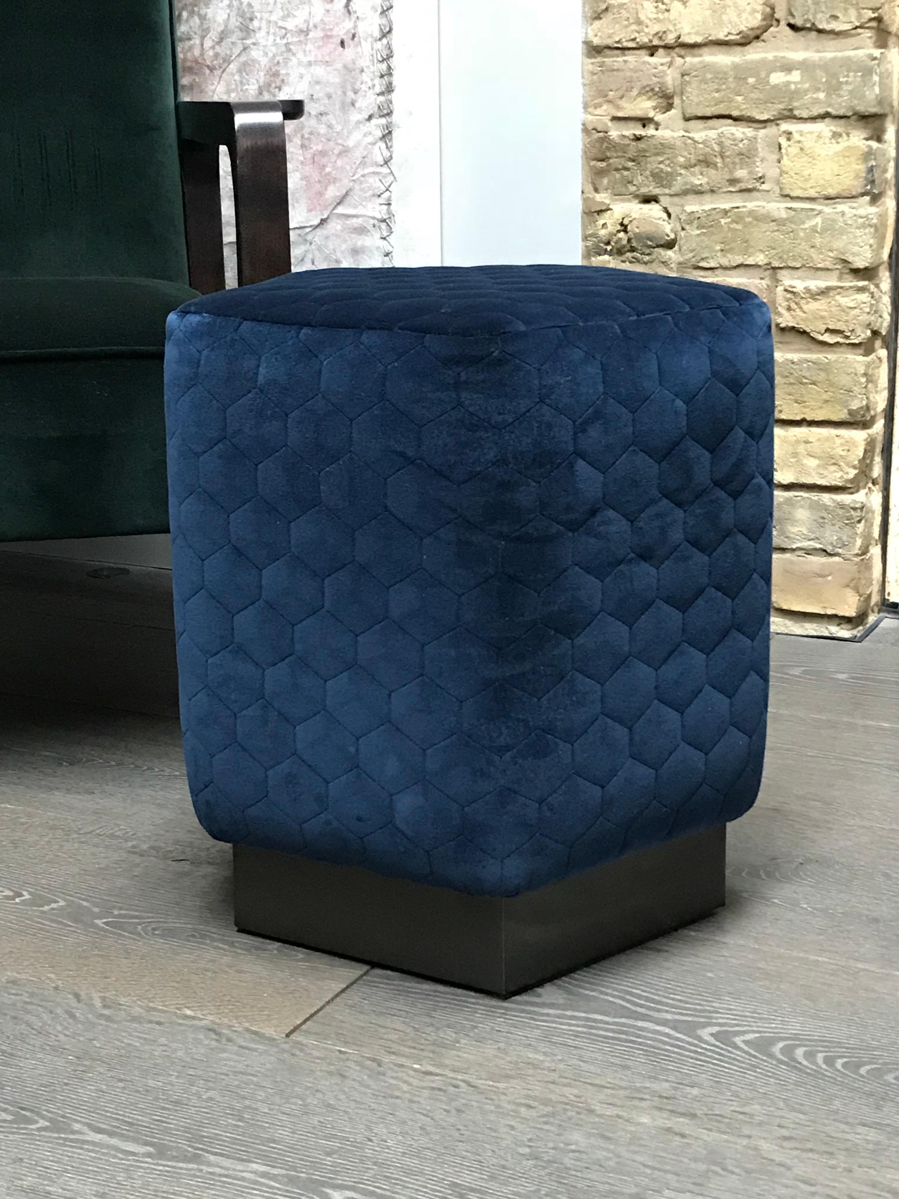 British Ermes Pentagon Pouf in Quilted Velvets and Brass or Steel Powder-Coated Plinth For Sale