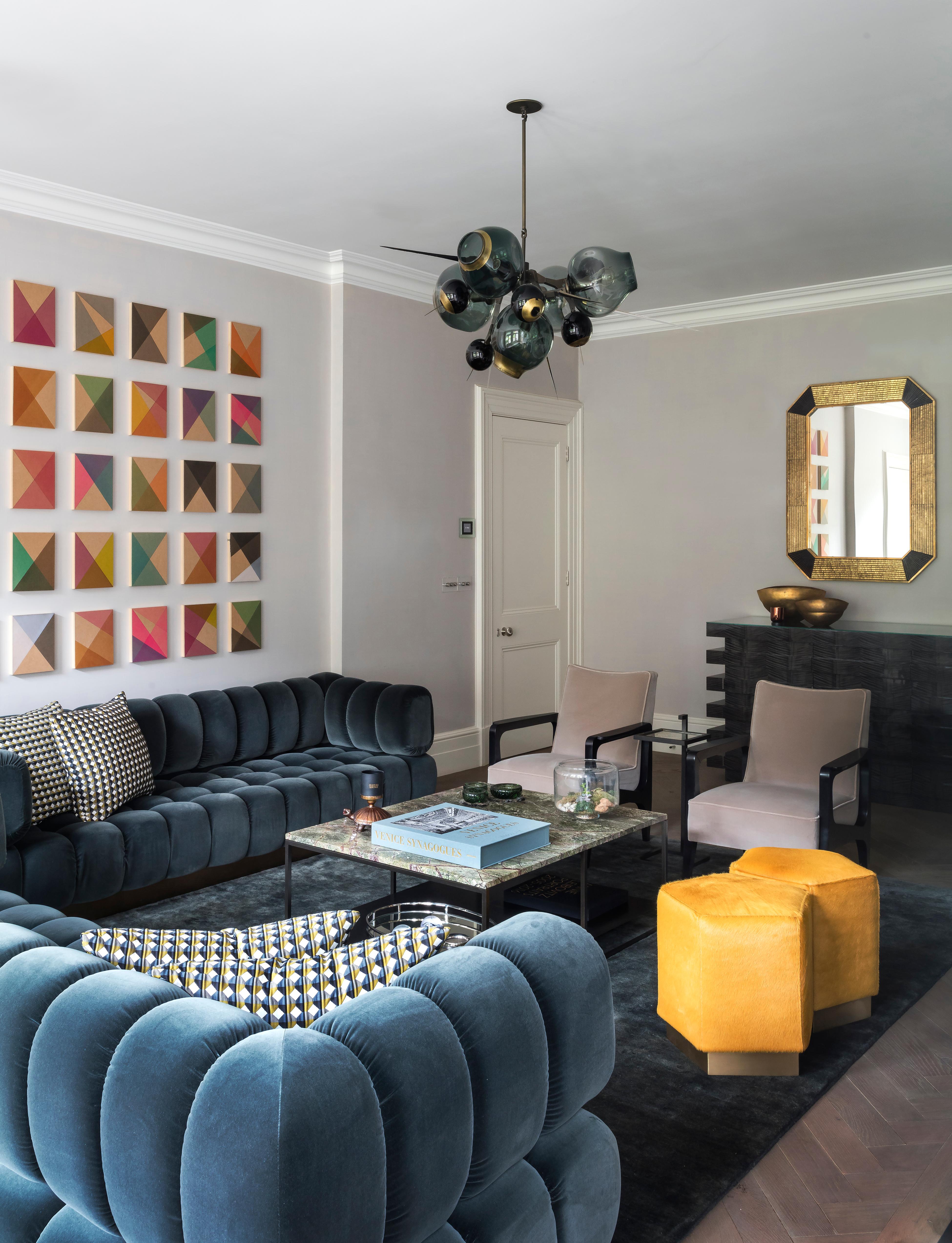 Ermes Pentagon Pouf in Quilted Velvets and Brass or Steel Powder-Coated Plinth 1