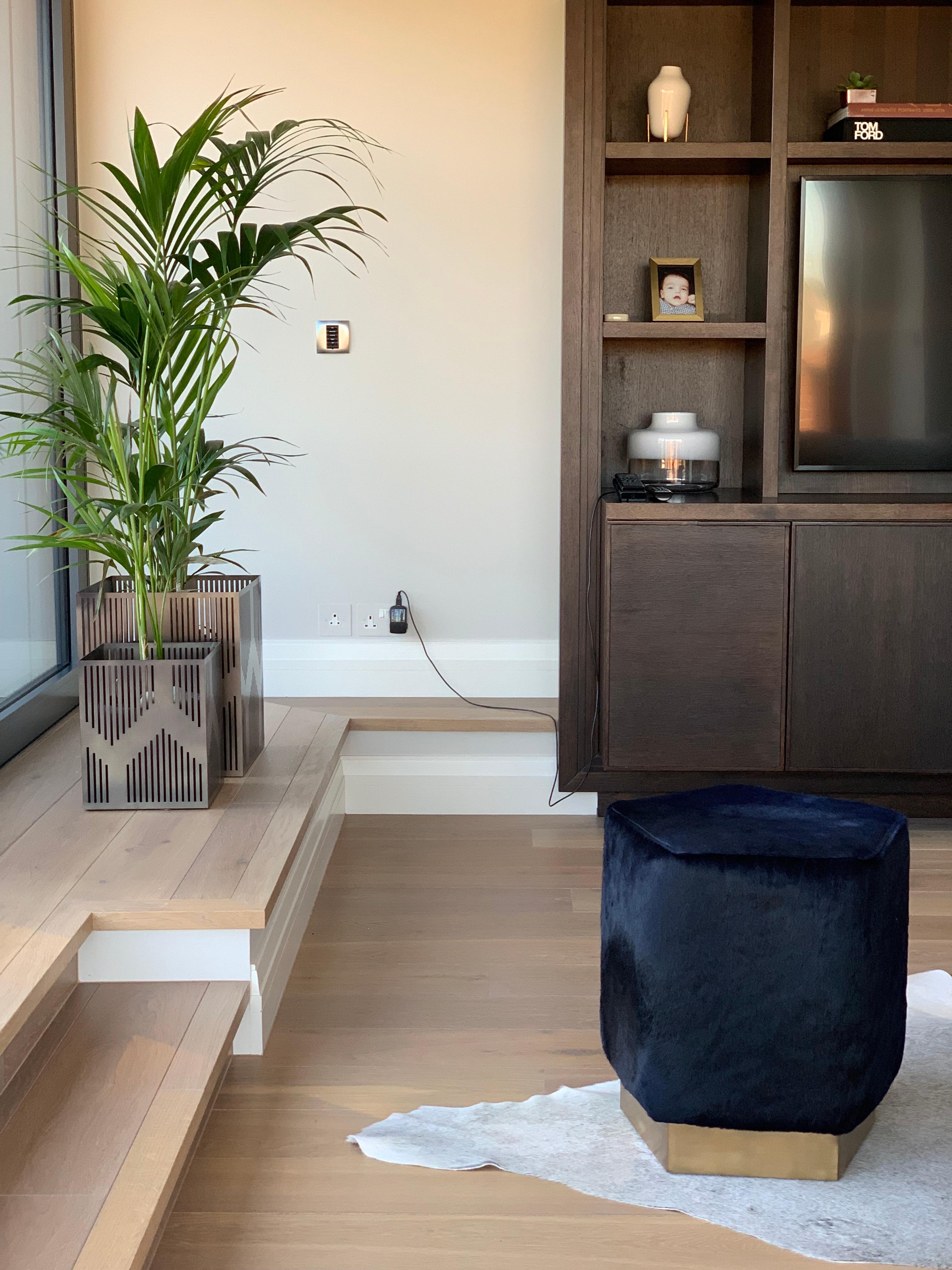 Powder-Coated Ermes Pentagon Pouf Ink Cowhide and Antique Brass Plinth For Sale