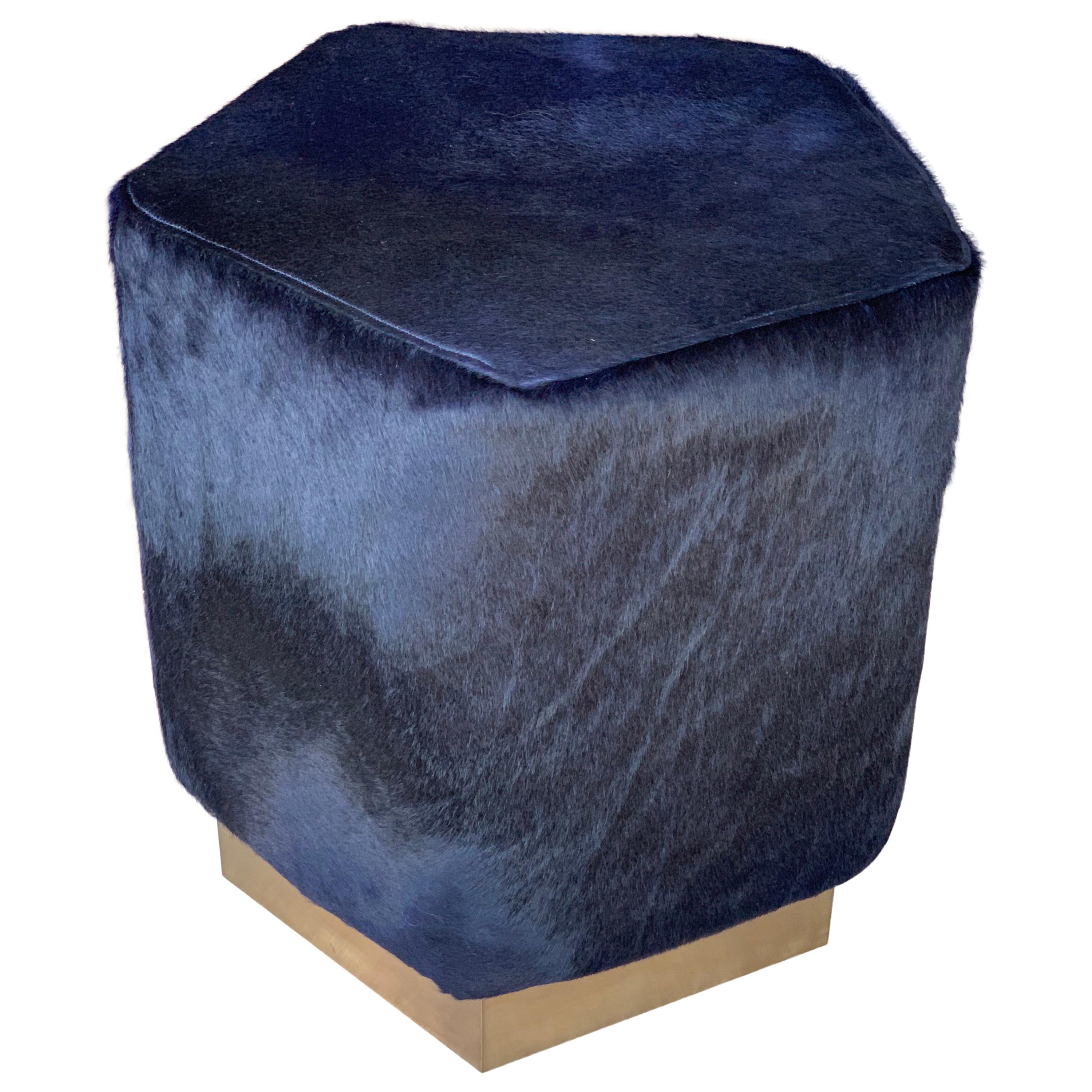 Ermes Pentagon Pouf Ink Cowhide and Antique Brass Plinth For Sale