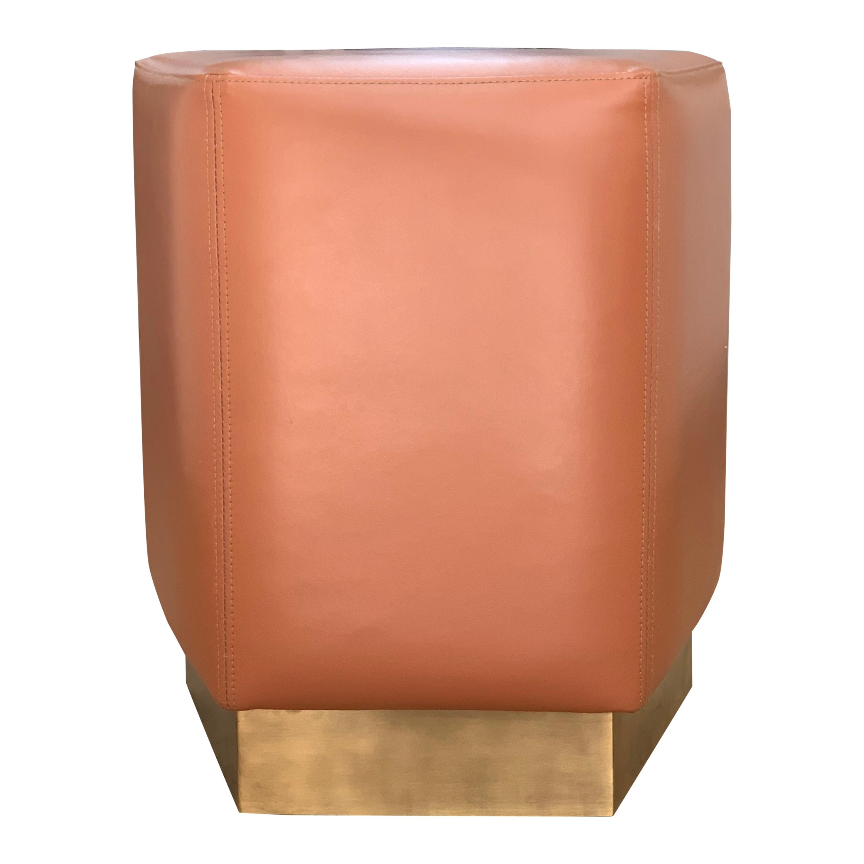 Ermes Pentagon Pouf Light Tan Ultraleather and Antique Brass Plinth For Sale