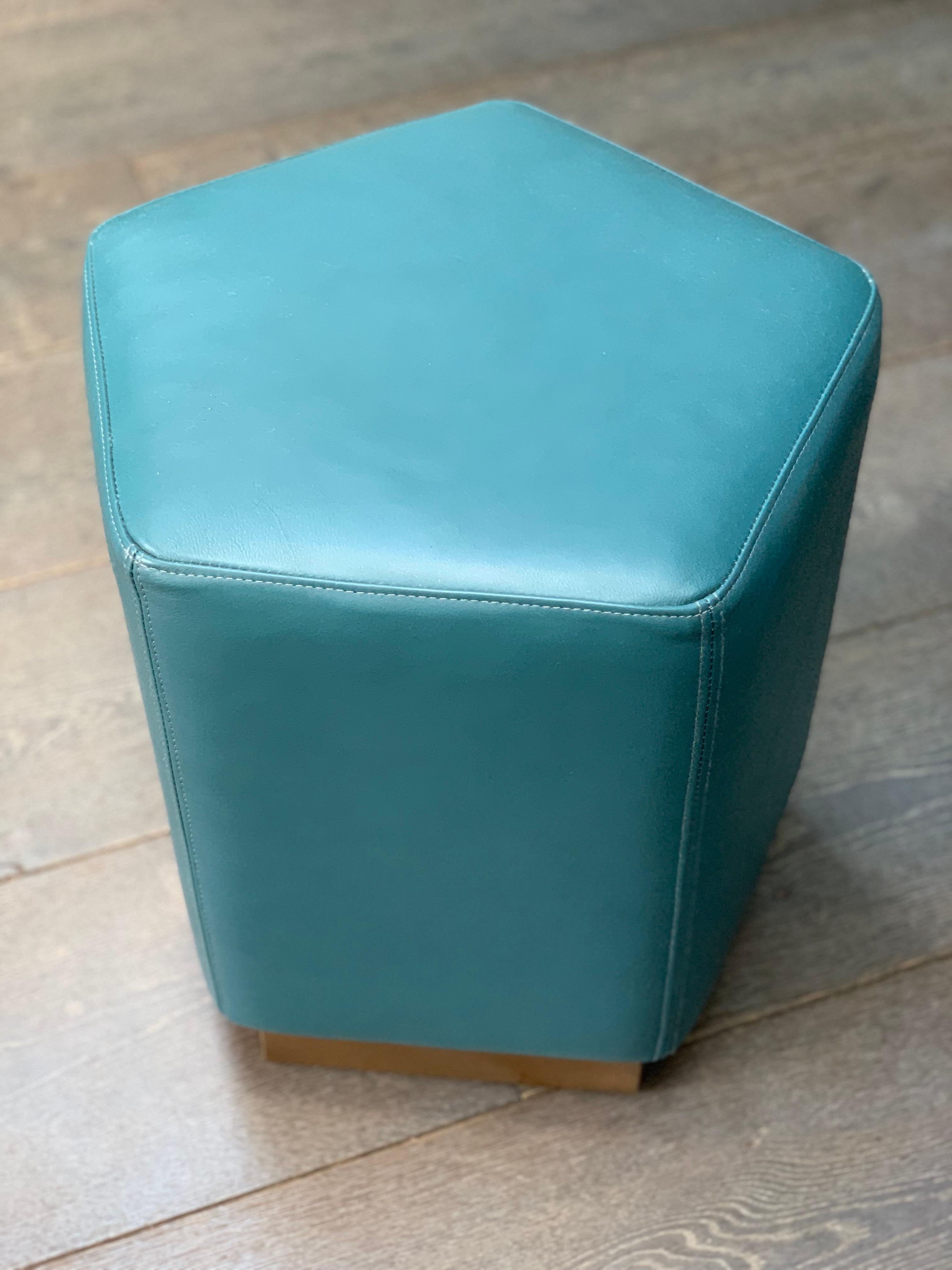 Art Deco Ermes Pentagon Pouf Mousse Leather Ottanio Blue and Antique Brass Plinth