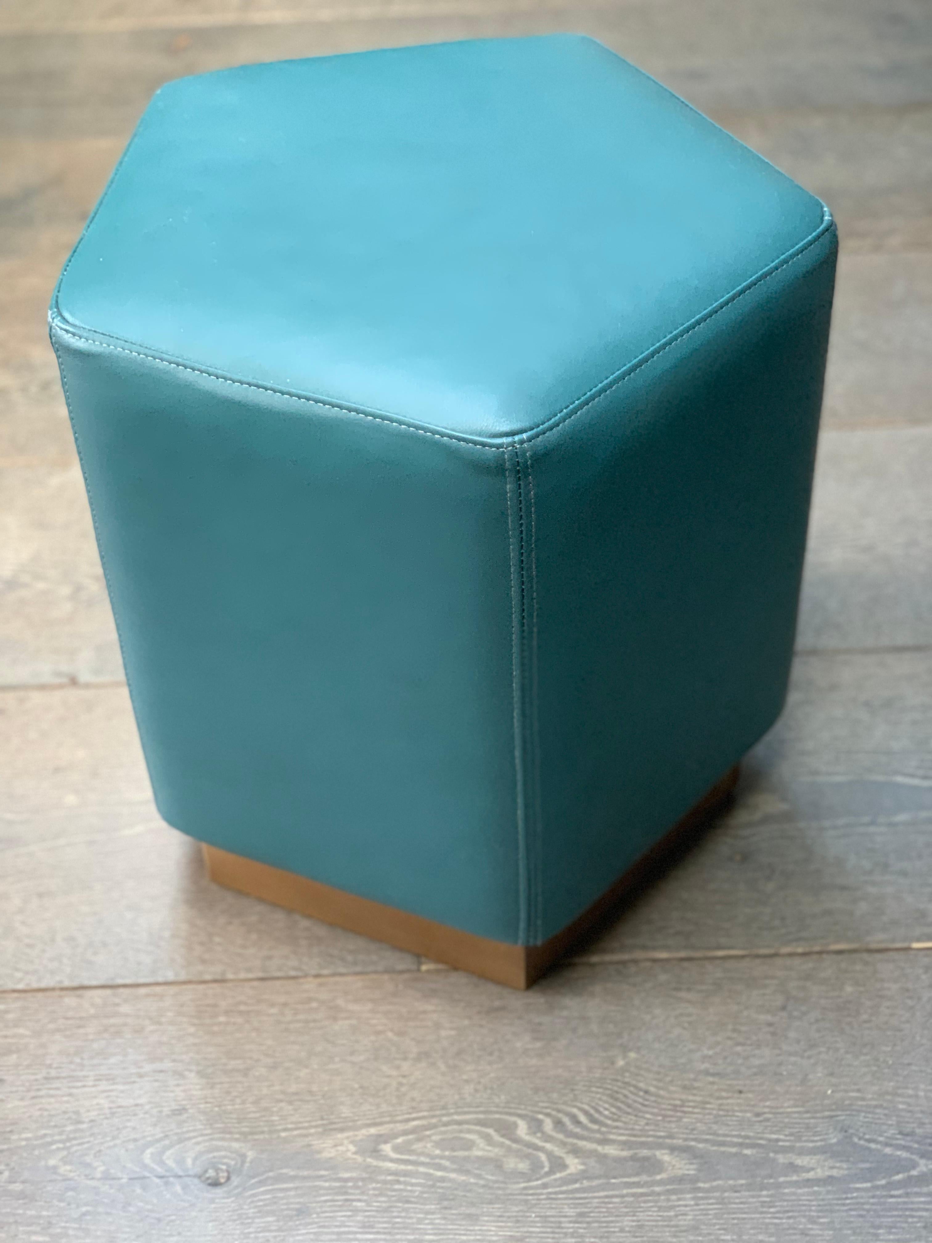 British Ermes Pentagon Pouf Mousse Leather Ottanio Blue and Antique Brass Plinth